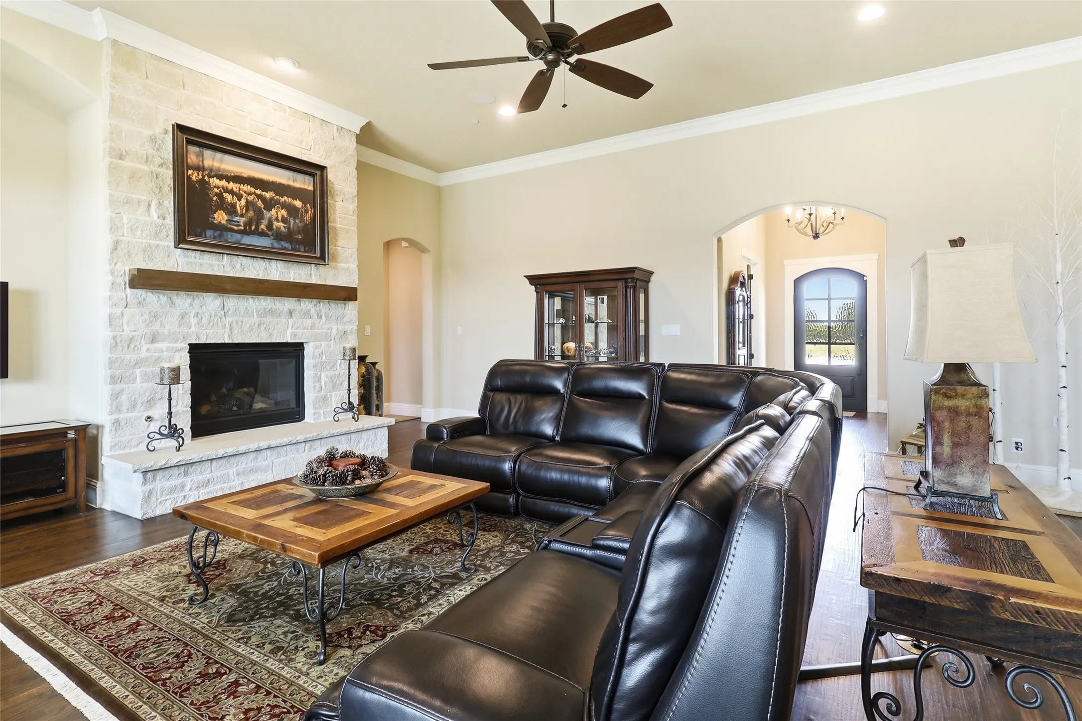Floor-to-ceiling fireplace in the over-sized family room.