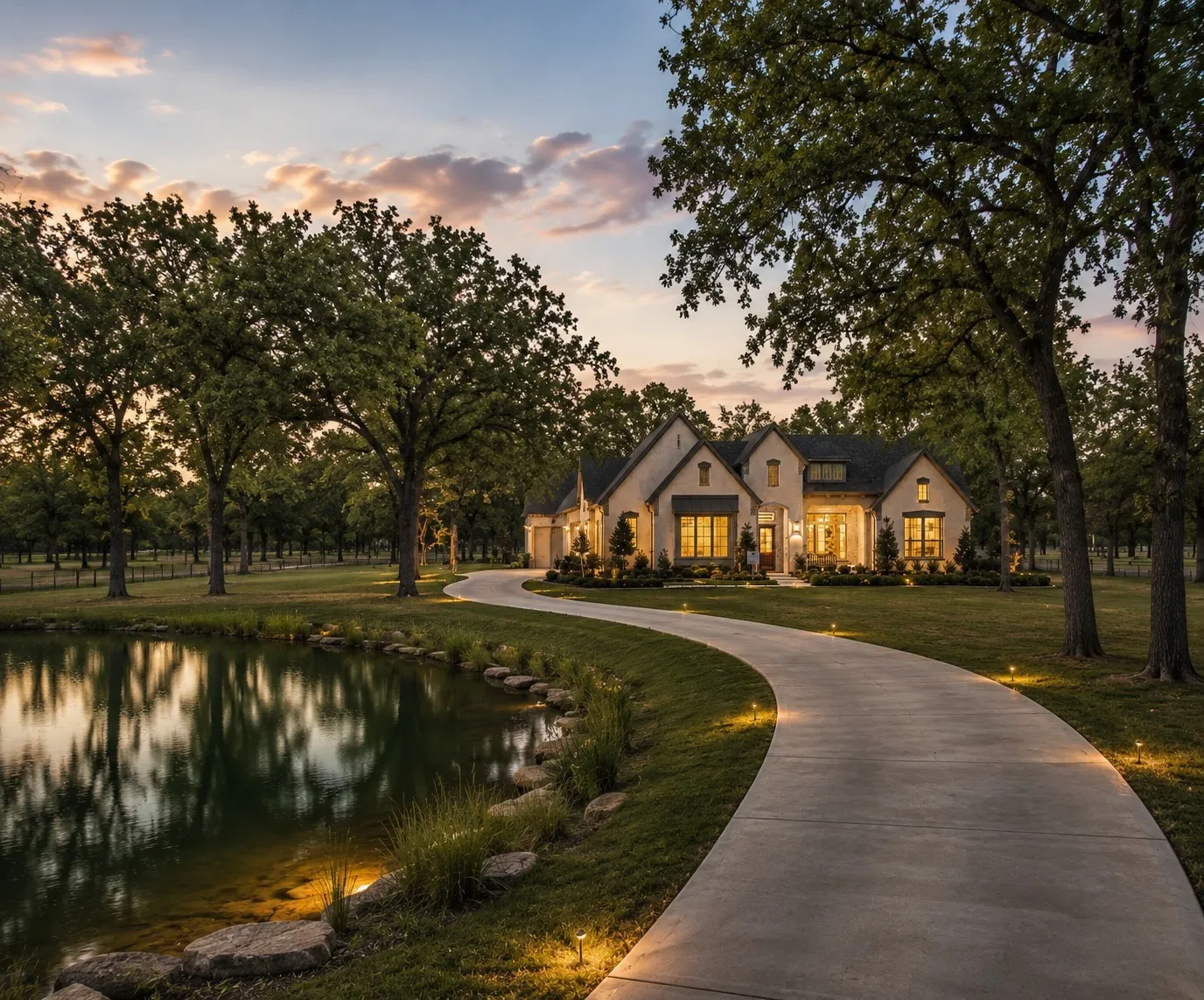 Elegant residence featuring a French Colonial exterior with stone and stucco detailing, illuminated by landscape lighting