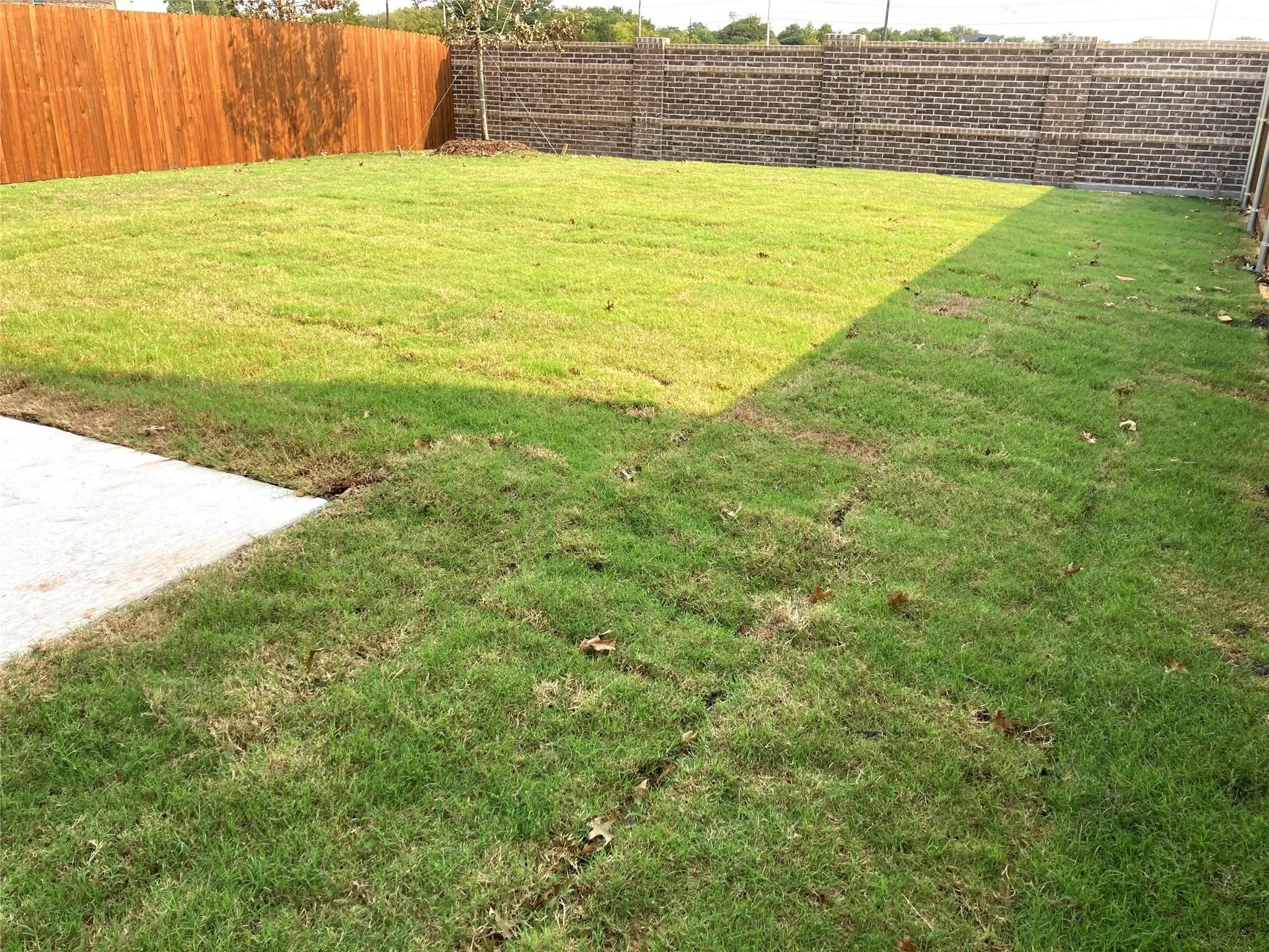 Expansive backyard featuring a concrete patio, a wooden privacy fence, and a brick perimeter wall
