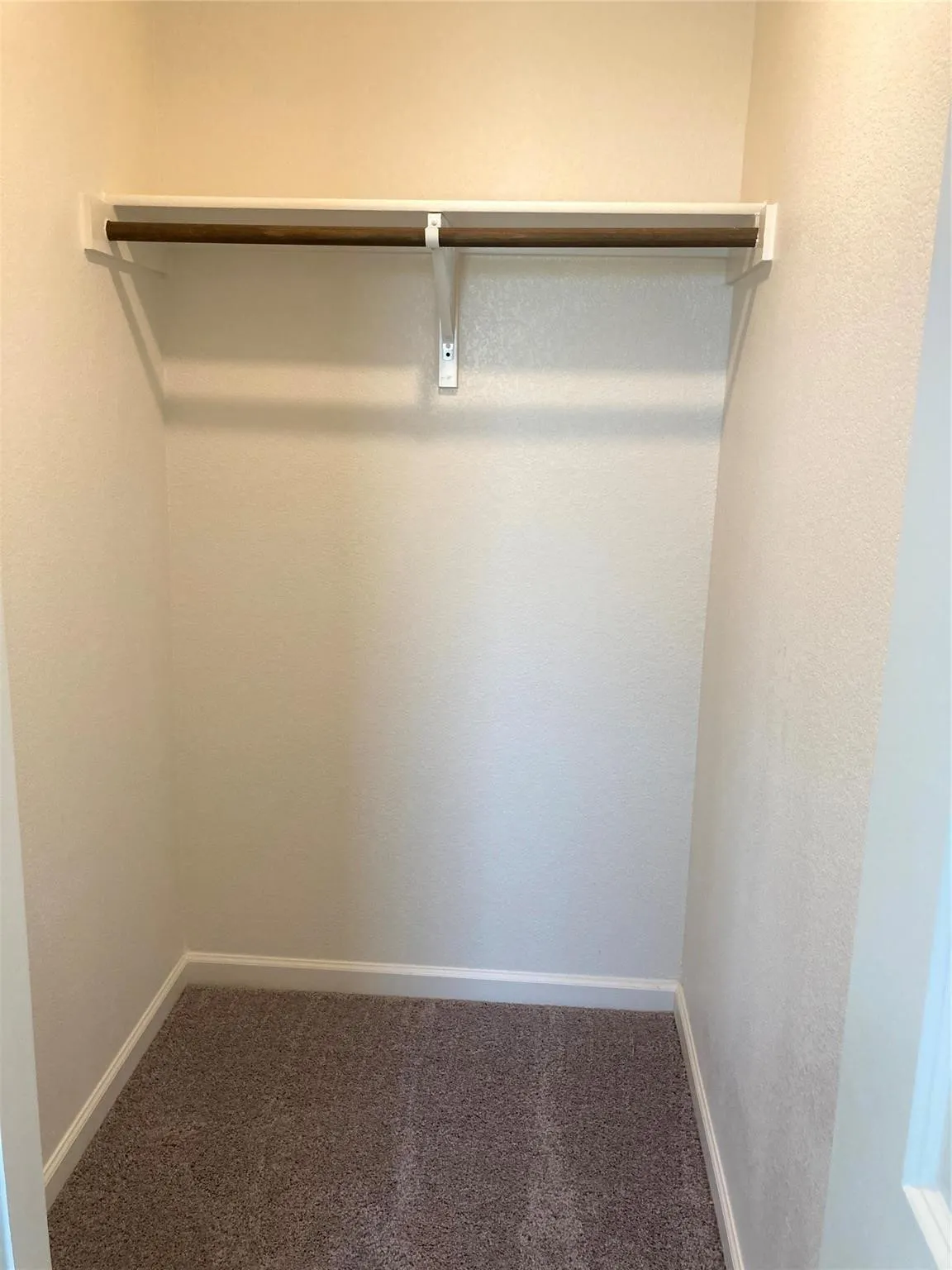 Closet with light brown carpeting, white baseboards, and a single wood-finish hanging rod and shelf system