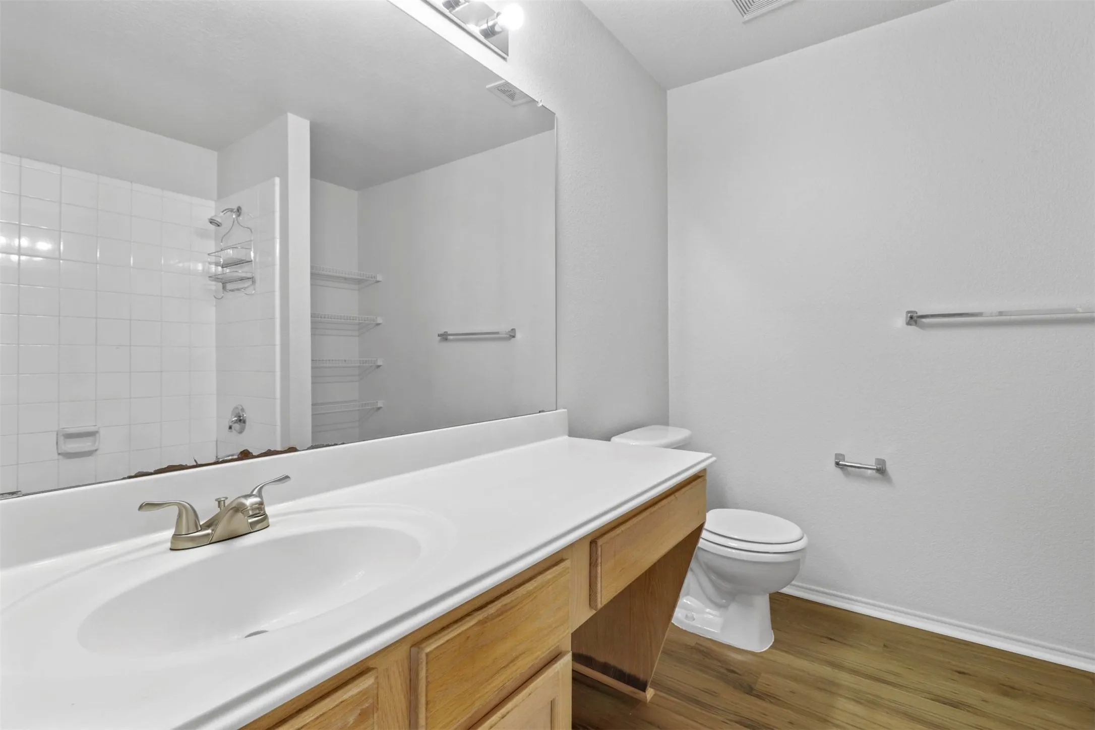 Bathroom featuring a wood-finish vanity with an integrated white sink, brushed nickel faucet, and a large mirror