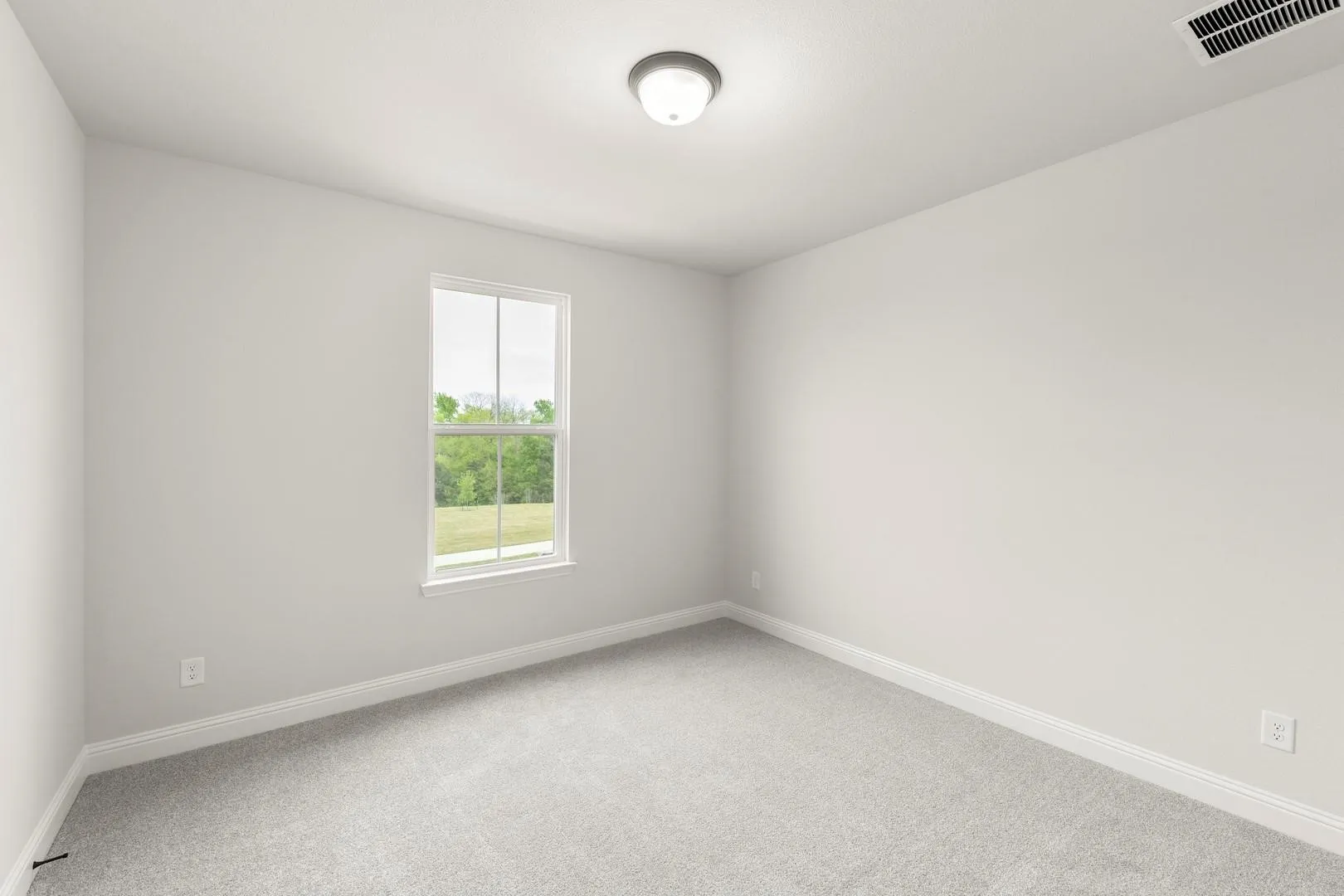 Interior room with light gray carpet, white baseboards, and a single window offering exterior scenery