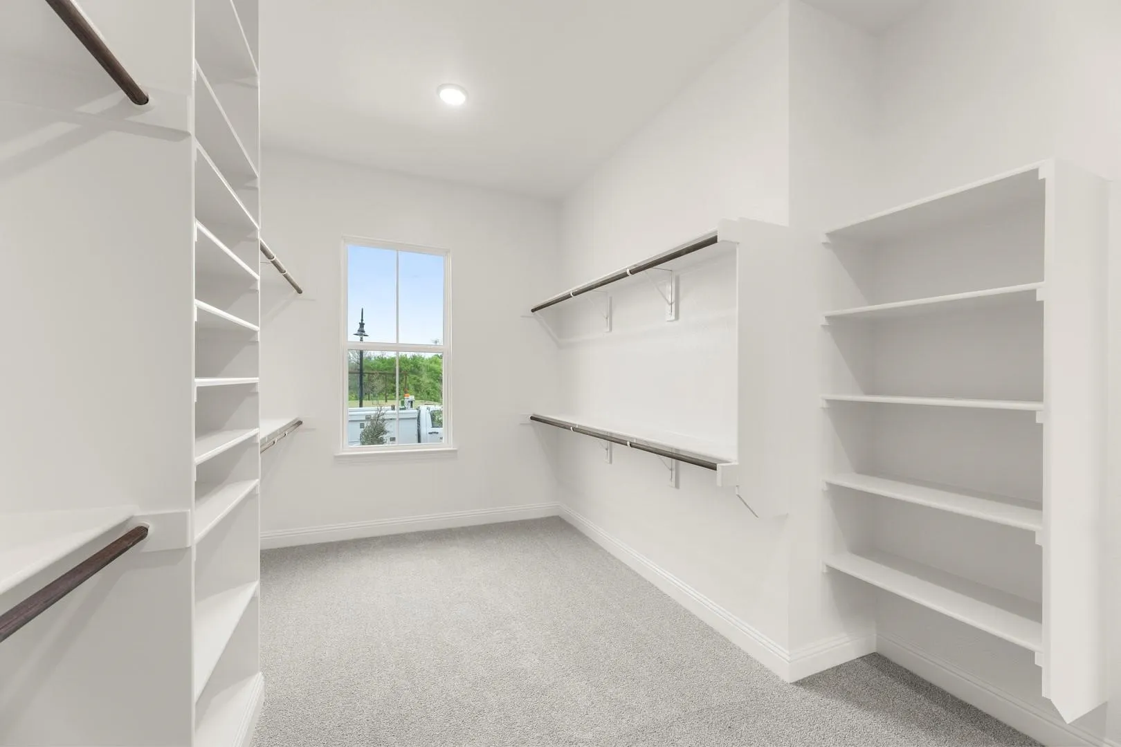 Spacious walk-in closet featuring built-in shelving, hanging rods, light gray carpeting, a recessed ceiling light, and a prominent window