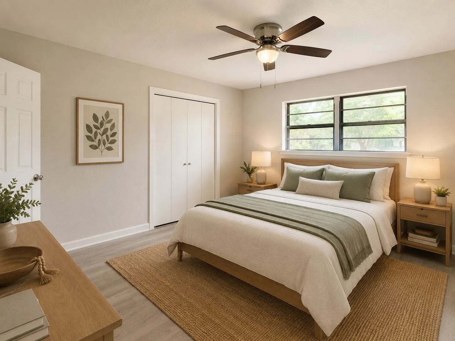 STAGED by AI
Light-toned wood-finish flooring, multiple windows, a ceiling fan with integrated lighting, and neutral wall tones