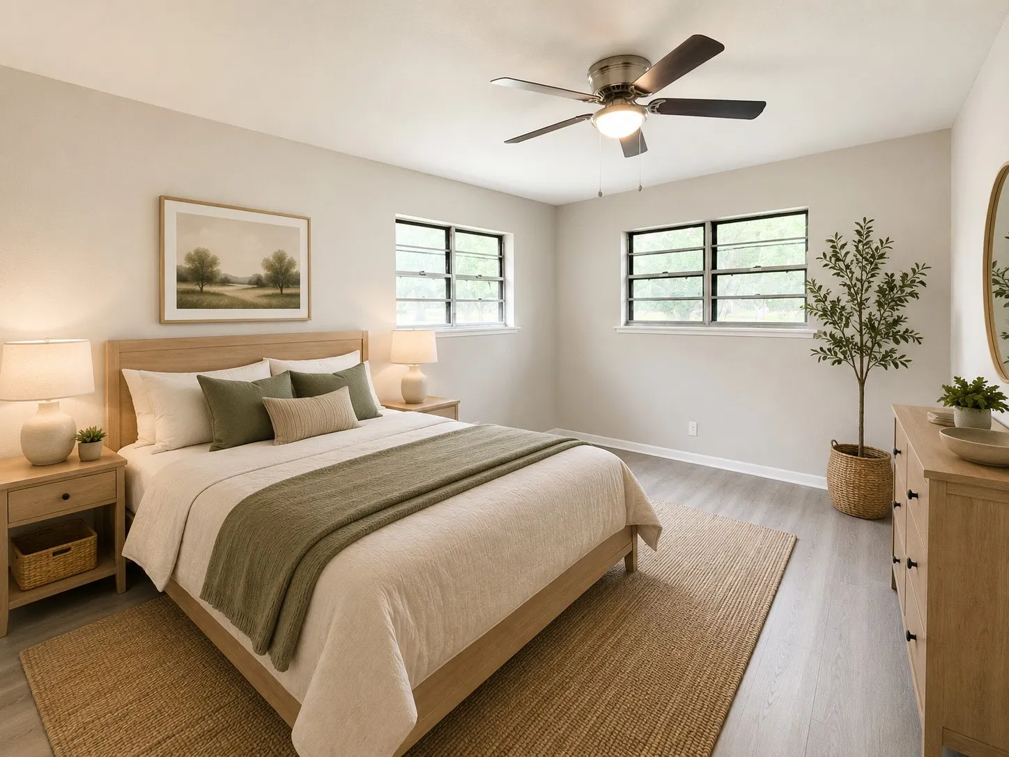 STAGED by AI
Light-toned wood-finish flooring, multiple windows, a ceiling fan with integrated lighting, and neutral wall tones