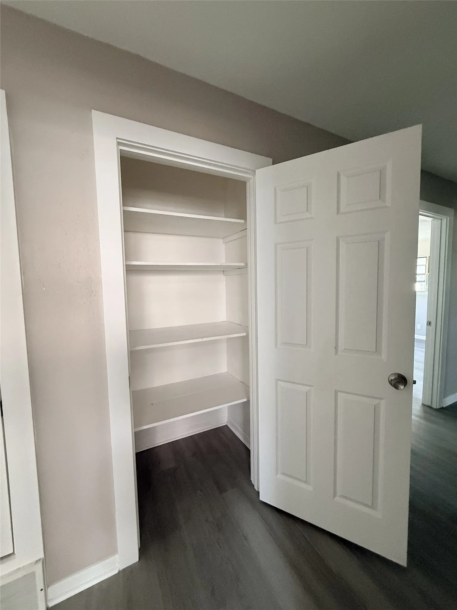 Integrated storage closet featuring multiple white shelving units and a paneled door