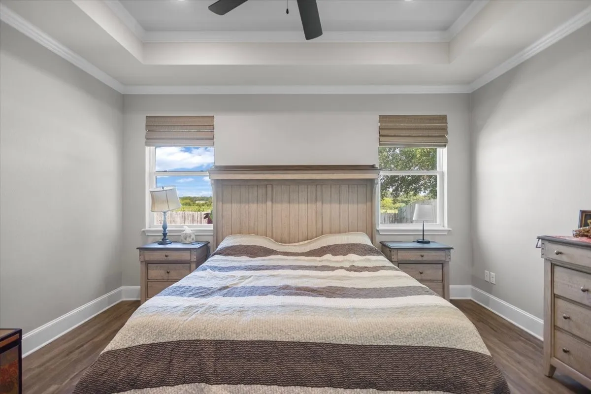 Primary suite with tray ceiling, crown molding, and dual windows flanking the bed wall.