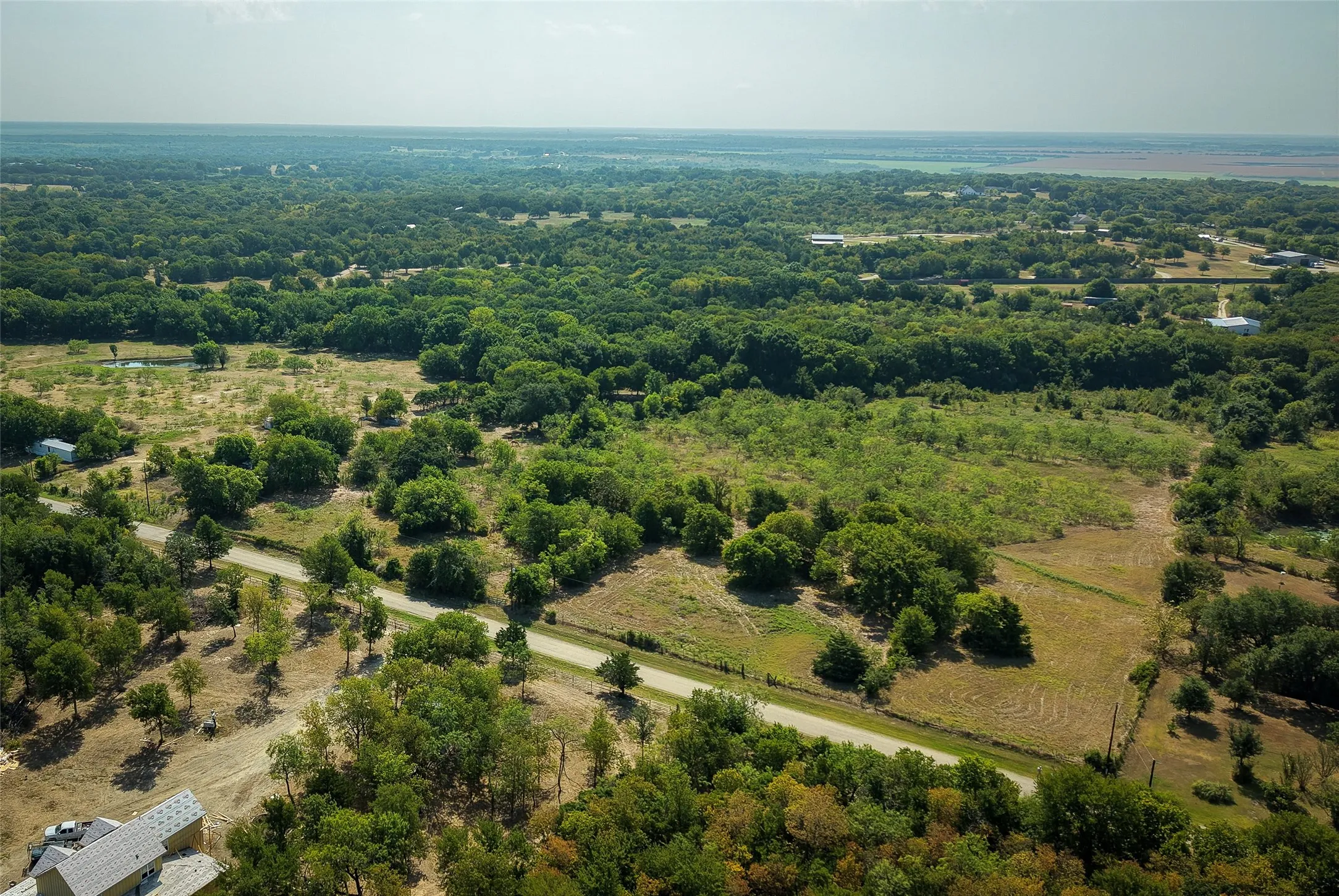Expansive undeveloped land featuring mature trees and a partial road surface
