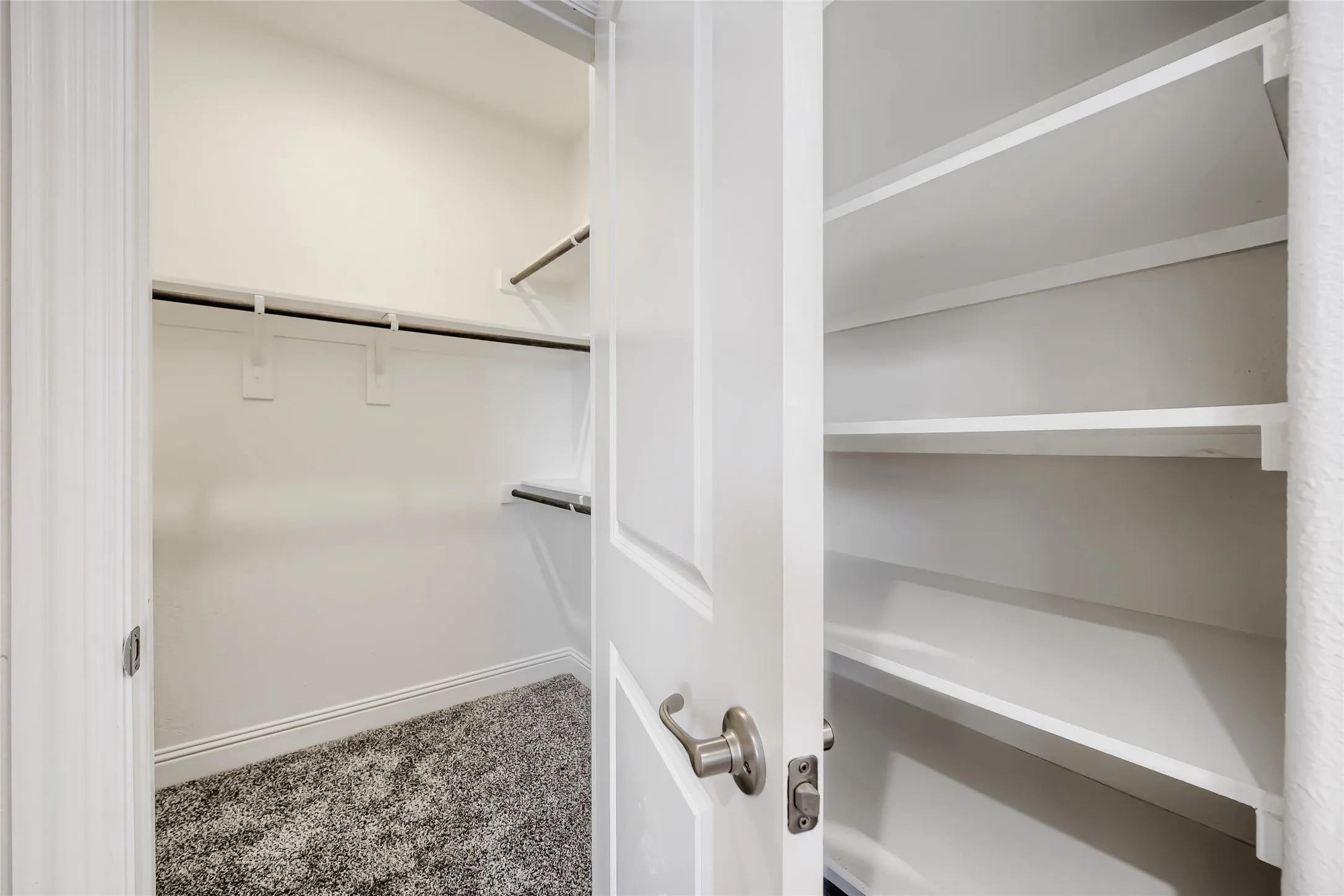 Walk-in closet featuring plush gray carpeting, white baseboards, and multiple hanging rods for organization