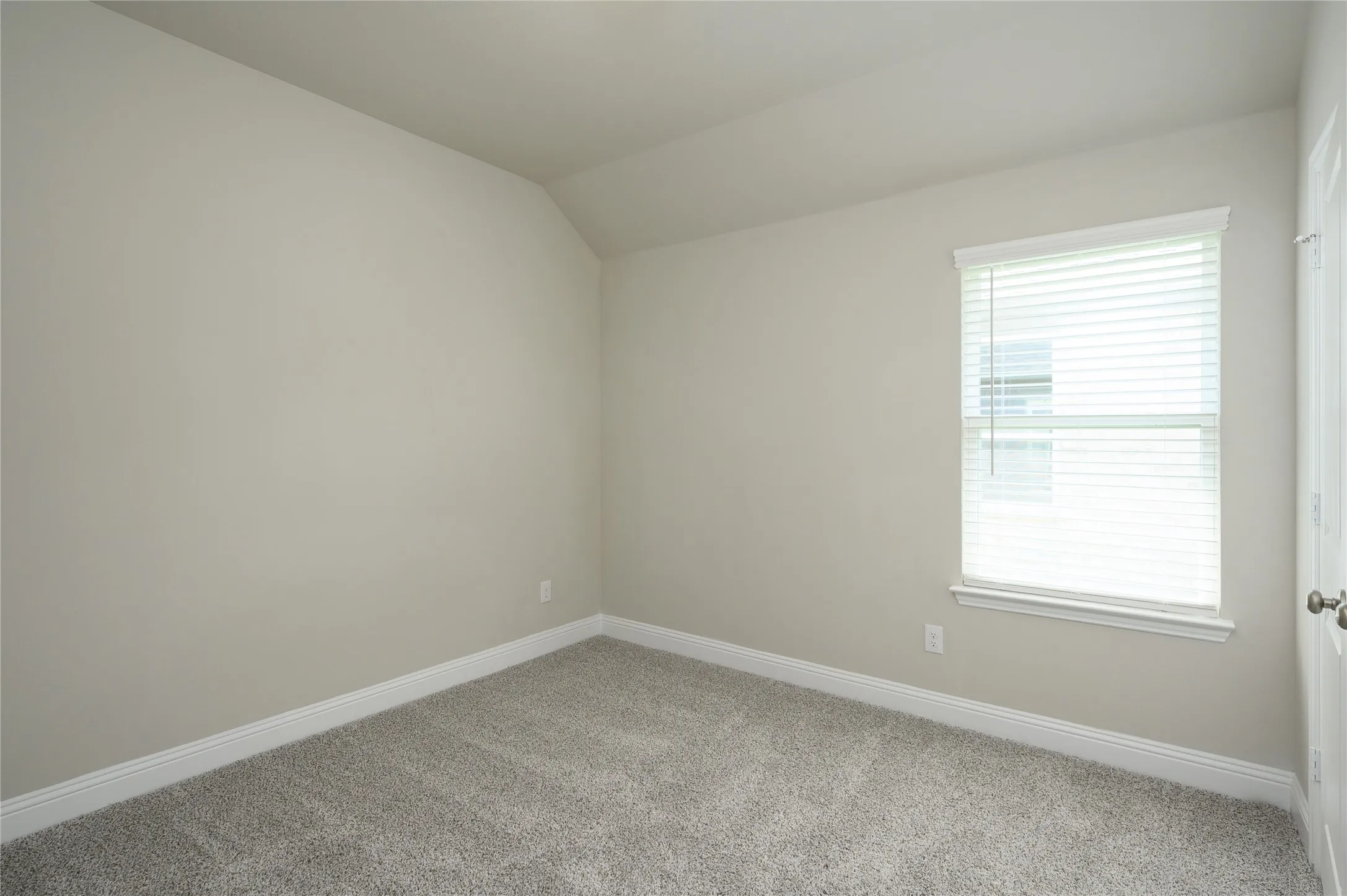 Carpeted spare room with plenty of natural light, vaulted ceiling, and baseboards