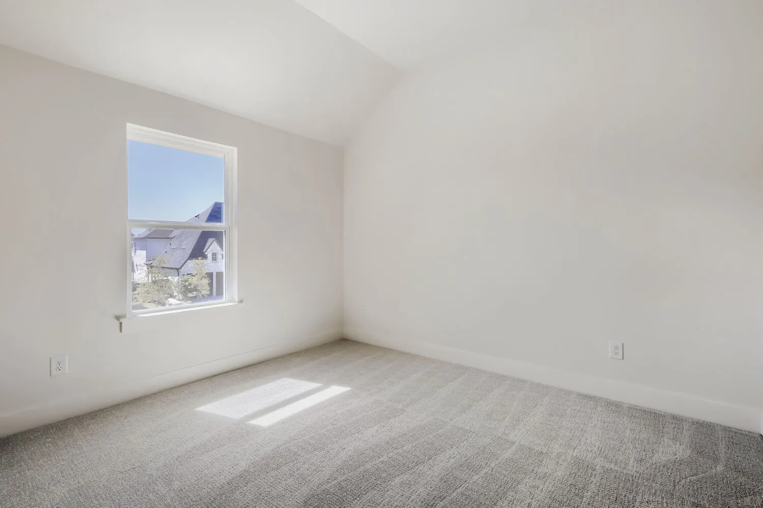 Neutral wall finish, carpeted flooring, and a window with a white frame