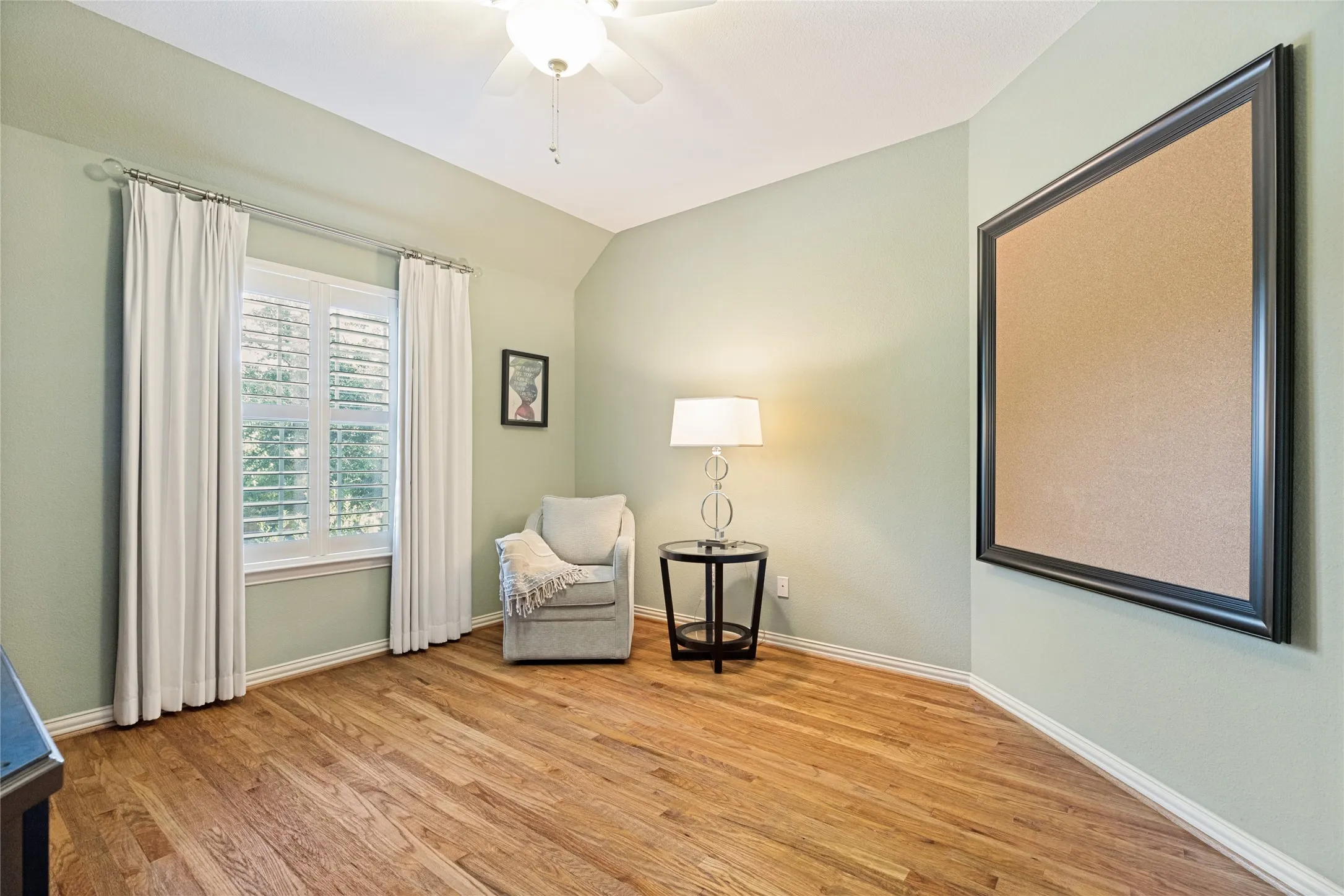Bedroom #3 upstairs w Hardwood floors, Ceiling Fan, Plantation Shutters