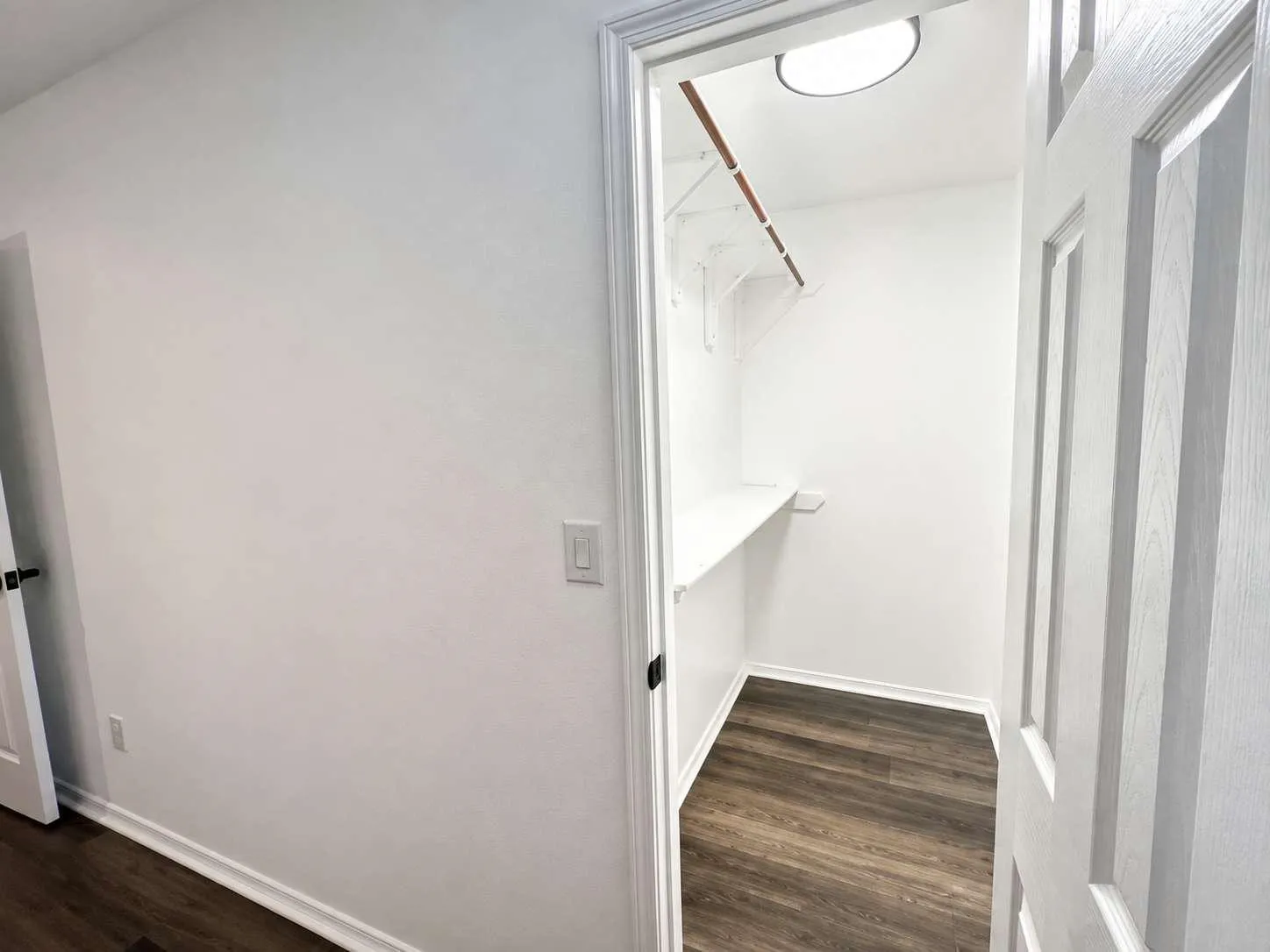 Walk-in closet featuring wood-finish flooring, white wire shelving, a clothing rod, and overhead lighting