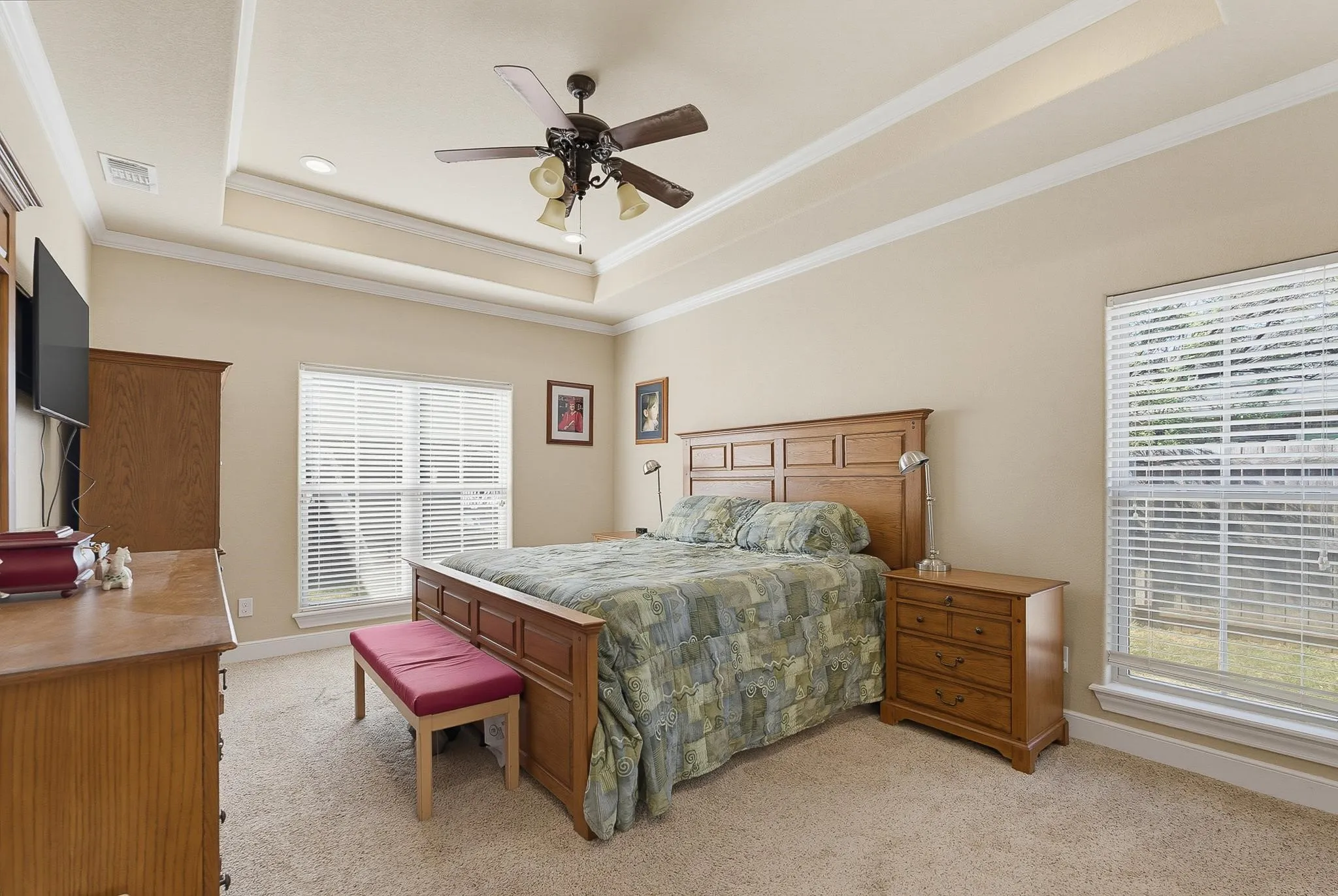 Carpeted bedroom featuring a tray ceiling with crown molding, a ceiling fan with integrated lighting, and two large windows with horizontal blinds