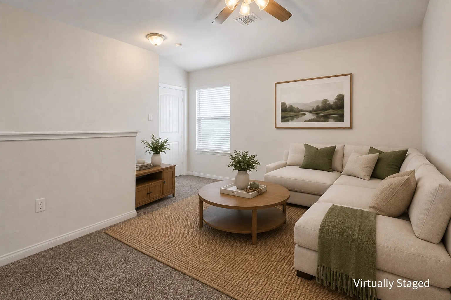 Soft carpeted flooring, white interior walls, window with blinds, and a ceiling fan with integrated lighting