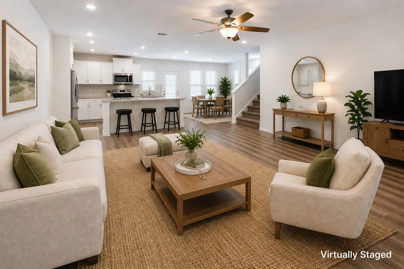 Open-concept living area featuring wood-finish flooring, recessed lighting, and a ceiling fan