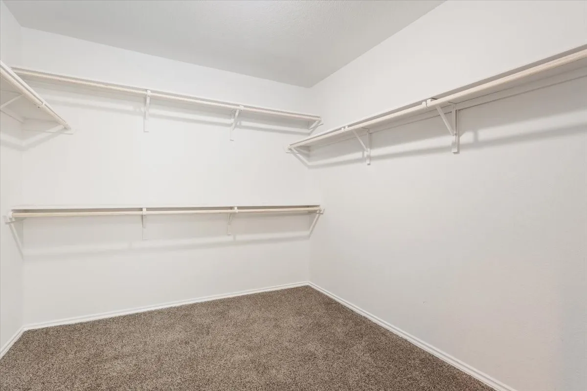 Spacious walk-in closet featuring white wire shelving, hanging rods, and neutral carpet flooring