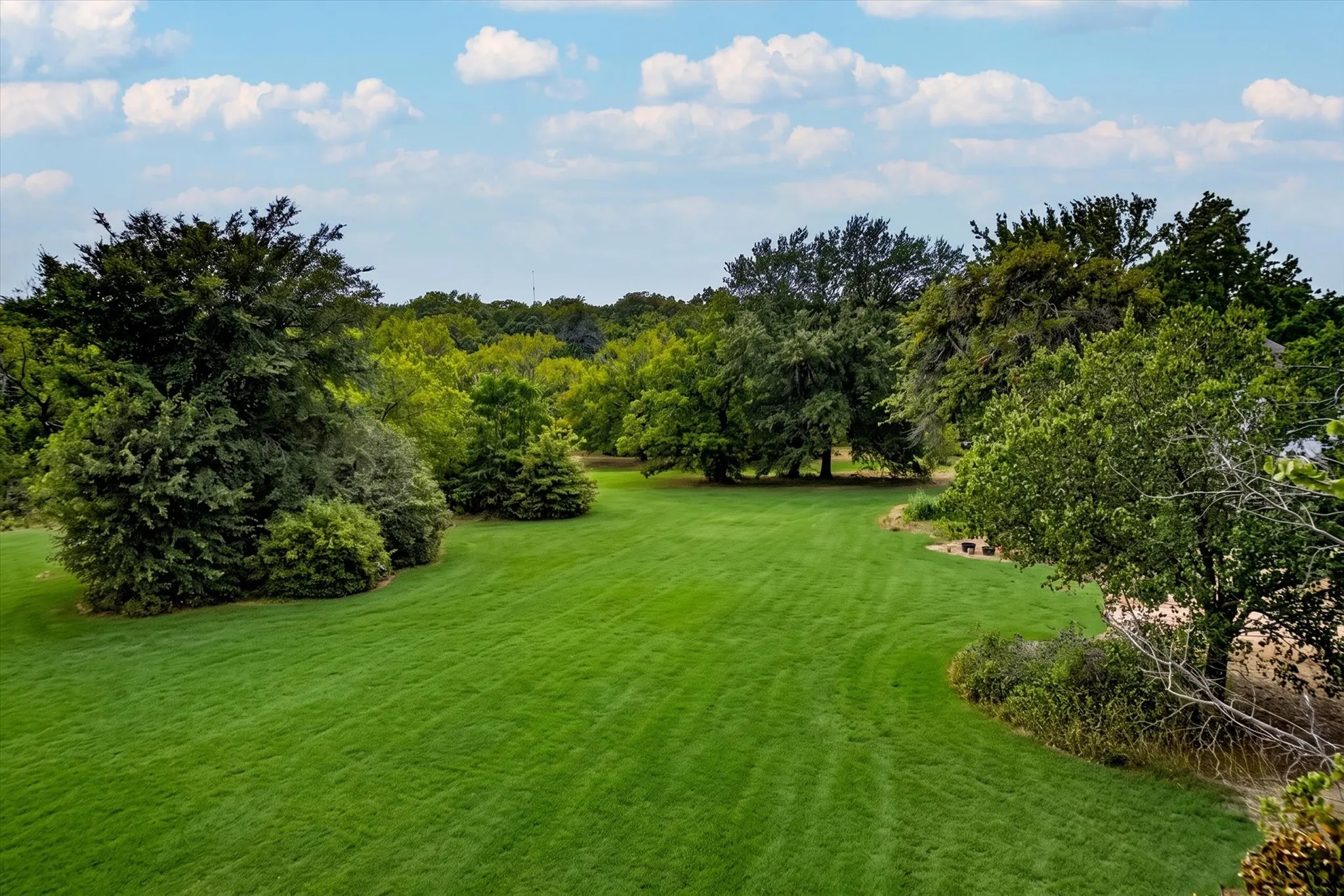 Expansive green lawn surrounded by mature trees and natural landscaping