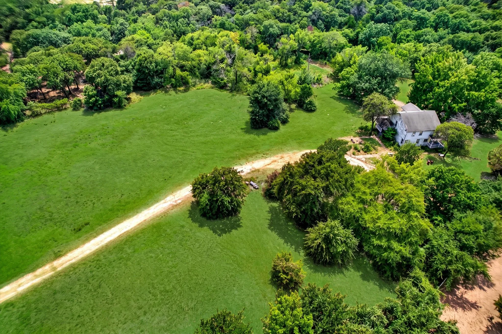 Expansive green land with a winding dirt path and mature trees