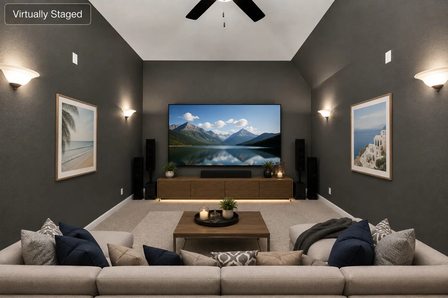 Recessed ceiling with an overhead fan, dark painted walls, and sconce lighting