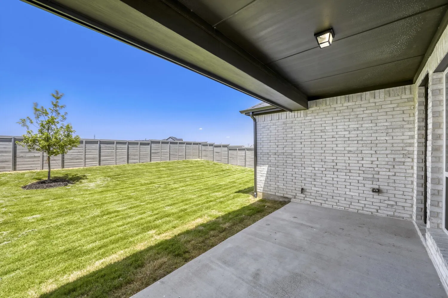Expansive backyard featuring a manicured lawn, a young tree, and a full privacy fence