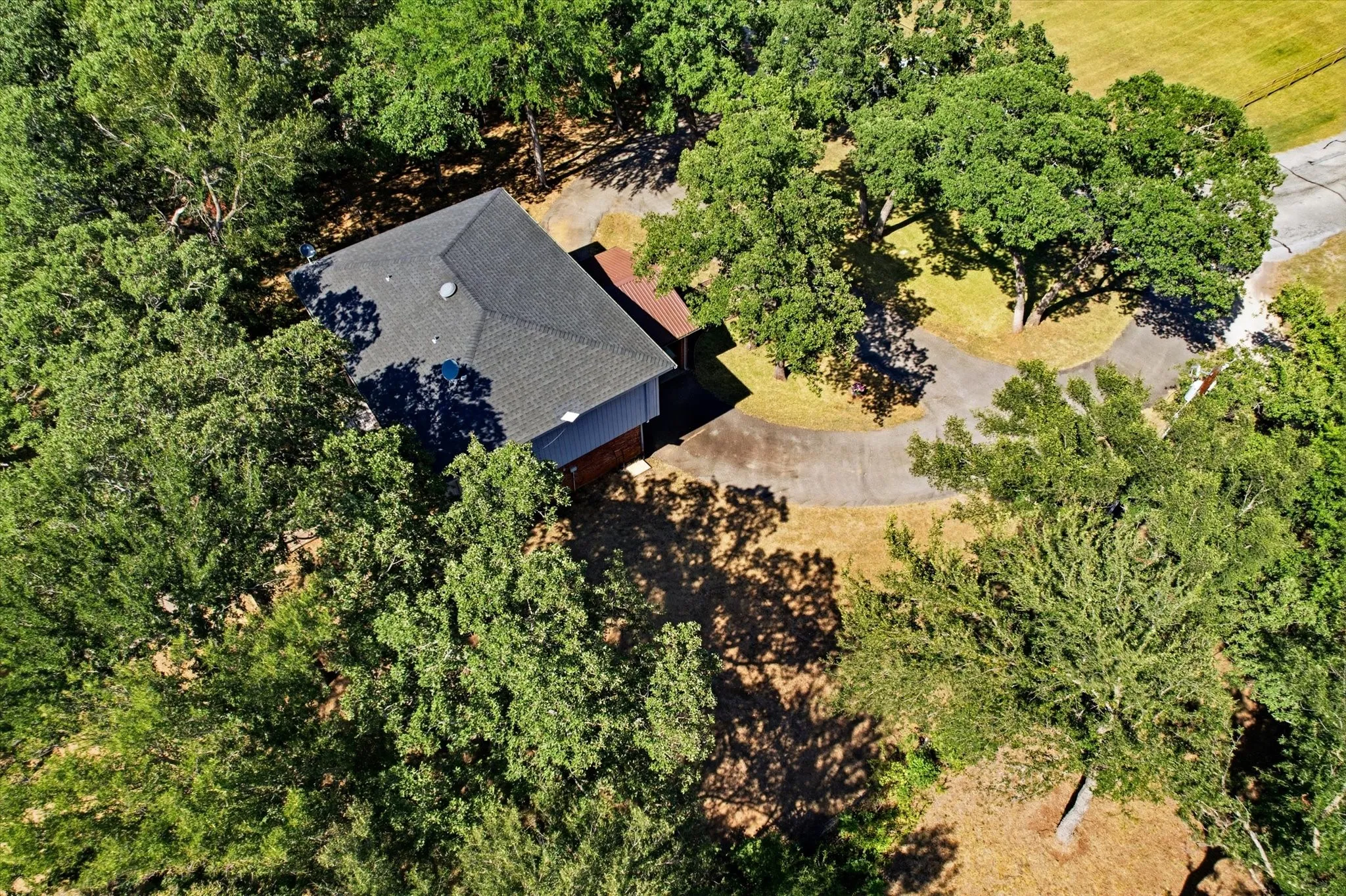 Private residence nestled among mature trees, featuring a dark shingle roof and a curved paved driveway