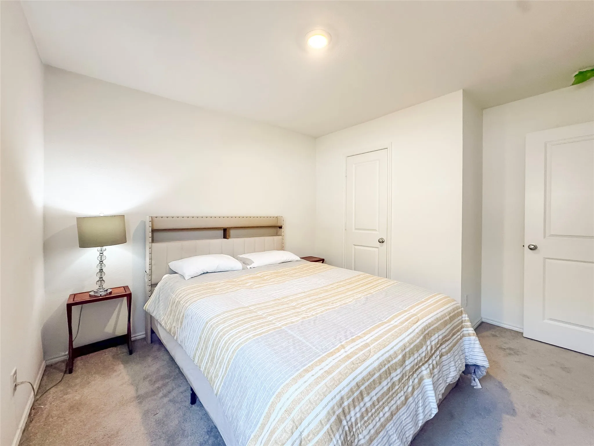 Neutral white walls with recessed ceiling lighting, two paneled doors with chrome hardware, and a plush carpeted floor