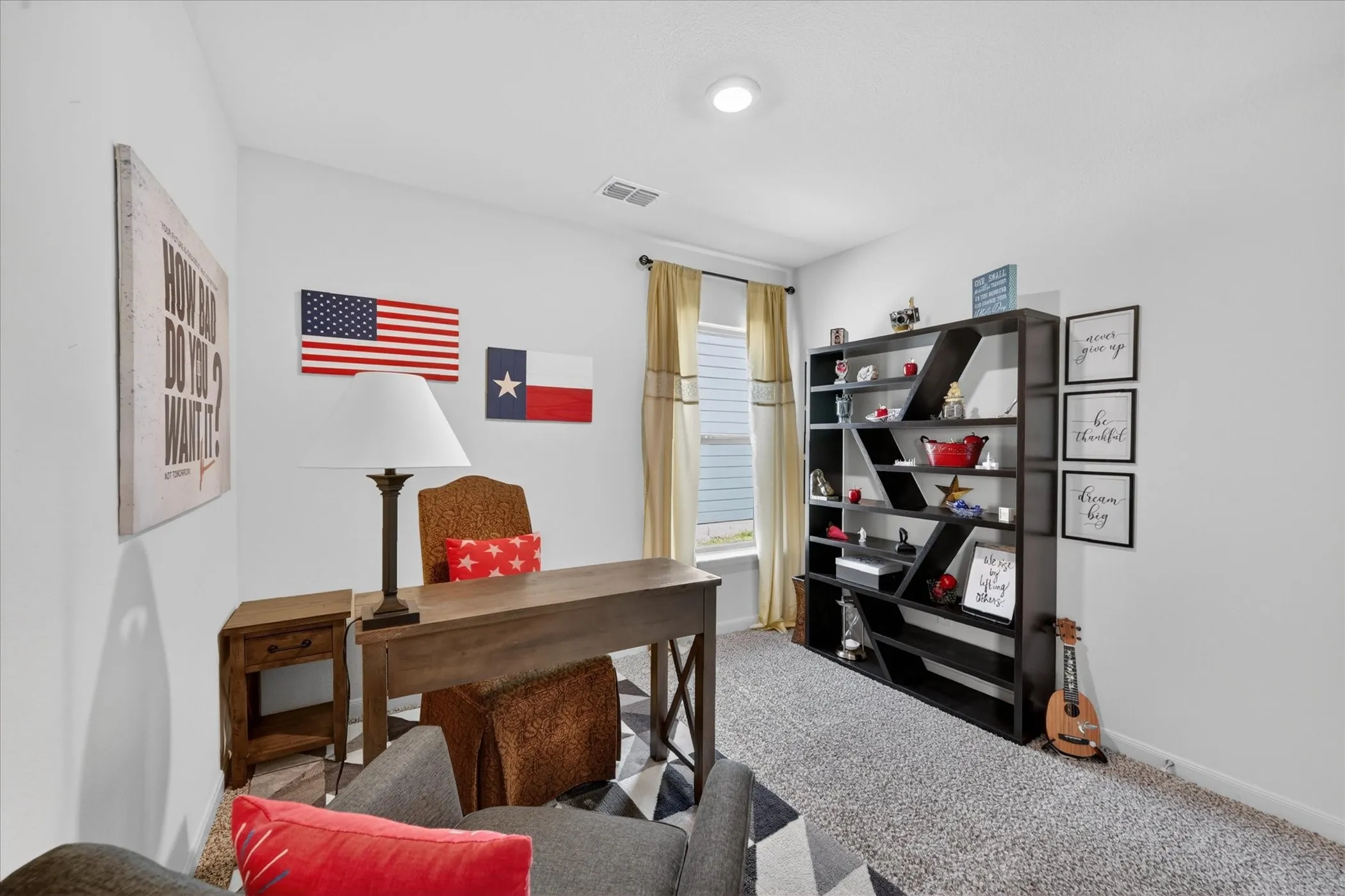 Versatile room featuring light gray walls, recessed lighting, and a window with blinds and drapes
