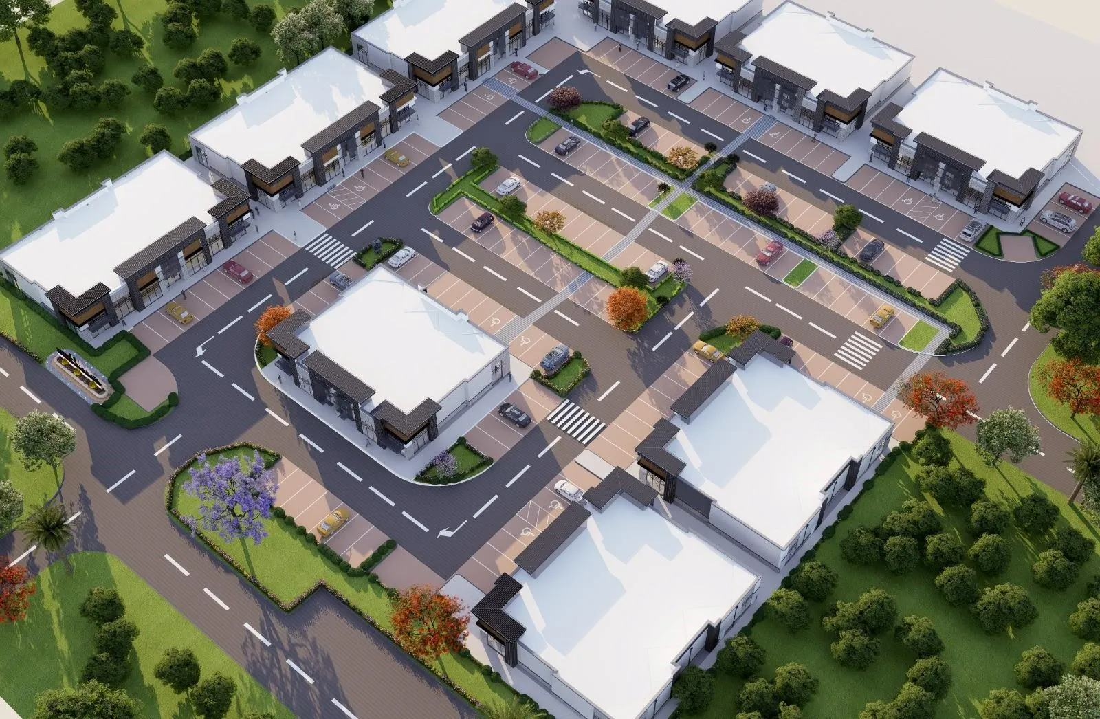 Modern commercial development featuring multiple buildings with contemporary facades