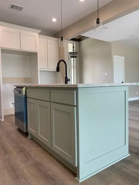 Kitchen island with light green shaker-style cabinetry, a built-in dishwasher, and a black gooseneck faucet