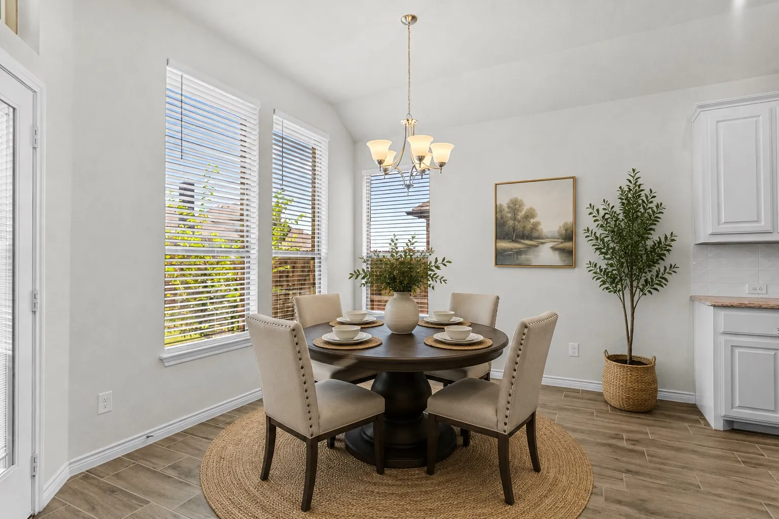 Dining area featuring wood-finish flooring, multiple windows with blinds, a ceiling-mounted chandelier, and painted cabinetry with countertops