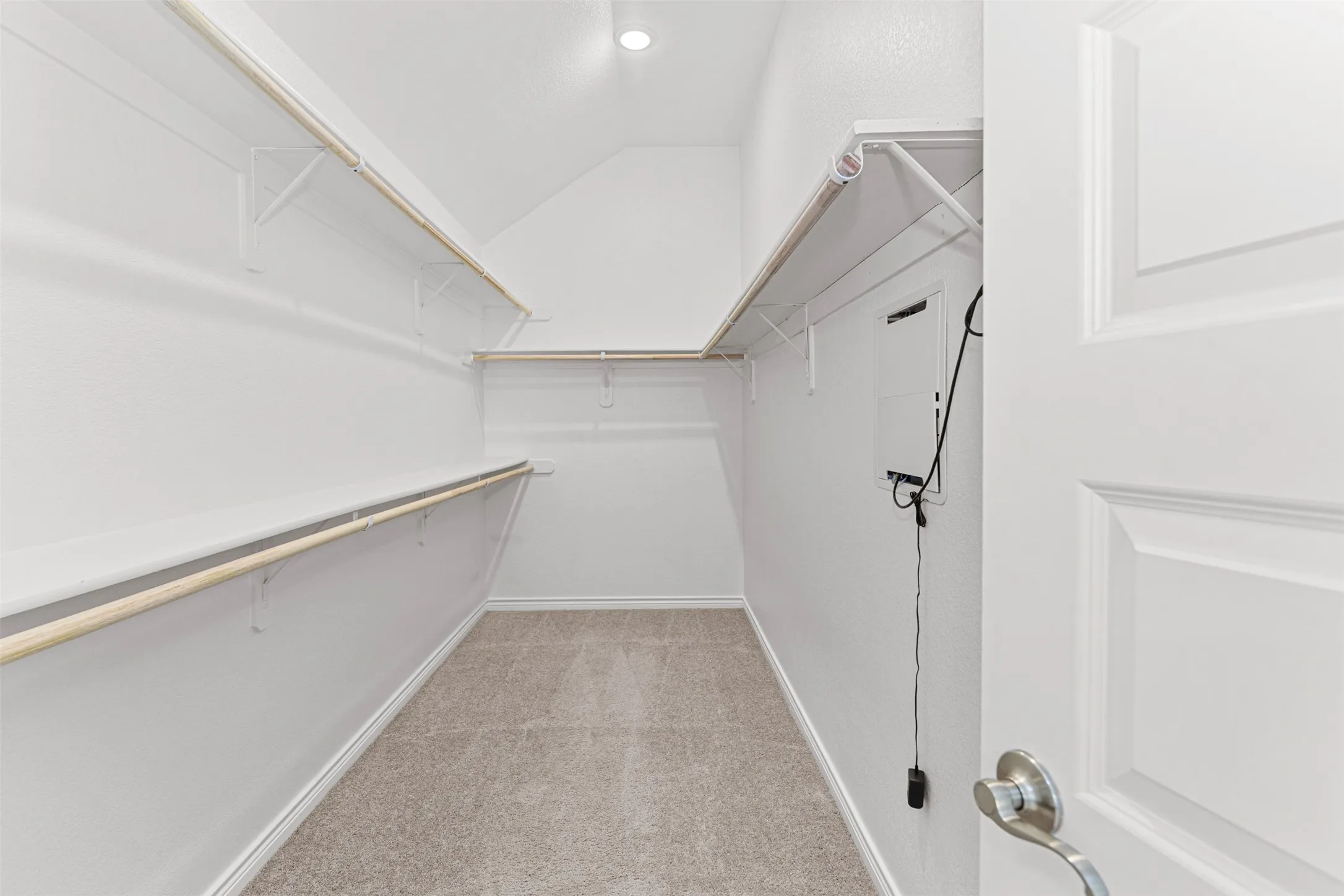 Walk-in closet featuring light gray carpeting, white walls, and built-in shelving with hanging rods