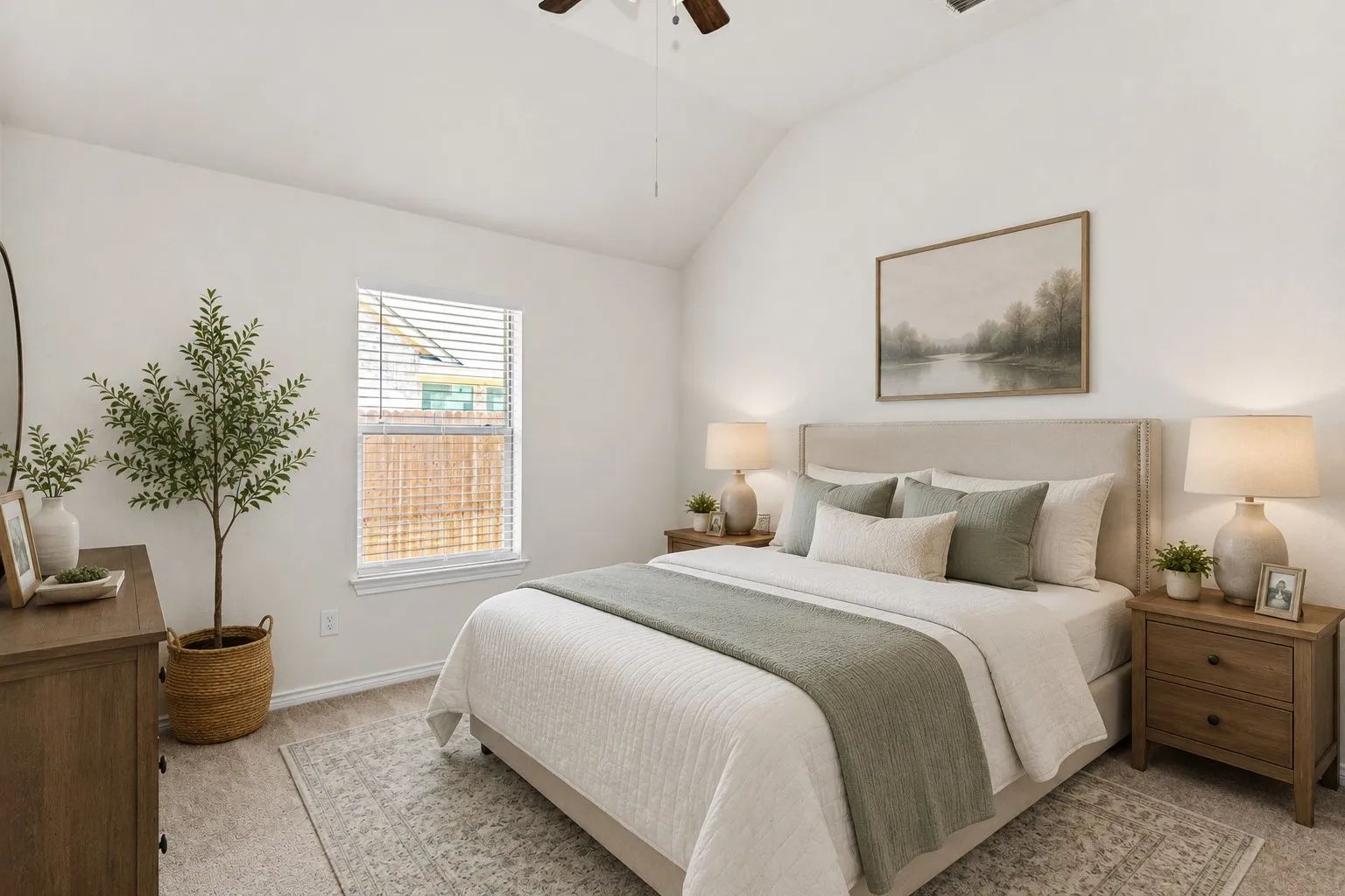 Serene primary bedroom showcasing a upholstered headboard bed, wood-finish nightstands with integrated table lamps, and a neutral color palette of cream and sage tones