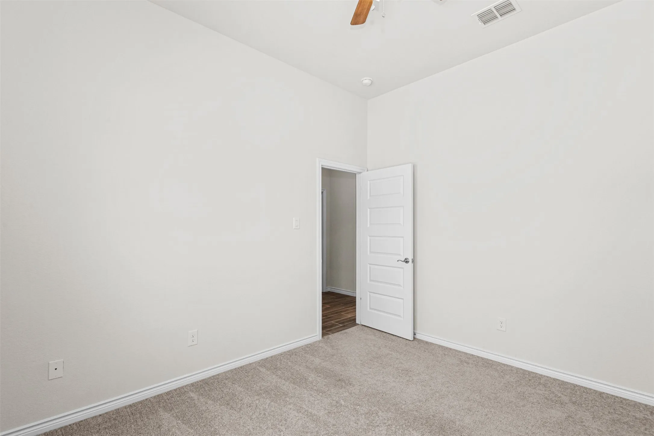Spacious bedroom featuring neutral wall finishes, plush carpeting, and a six-panel interior door with frame