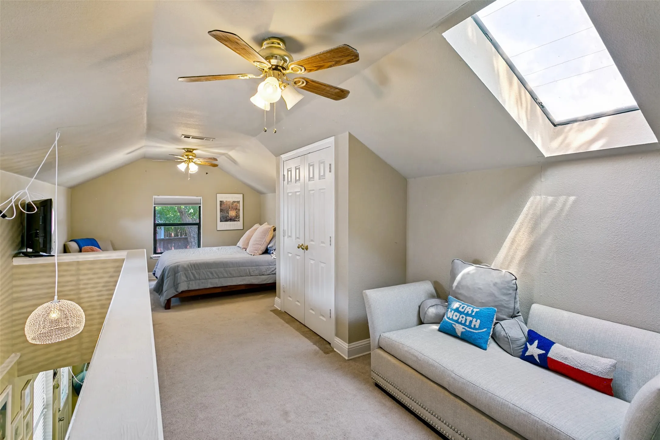 Upstairs in the guest house there is a bedroom and a loft area which can have different uses.