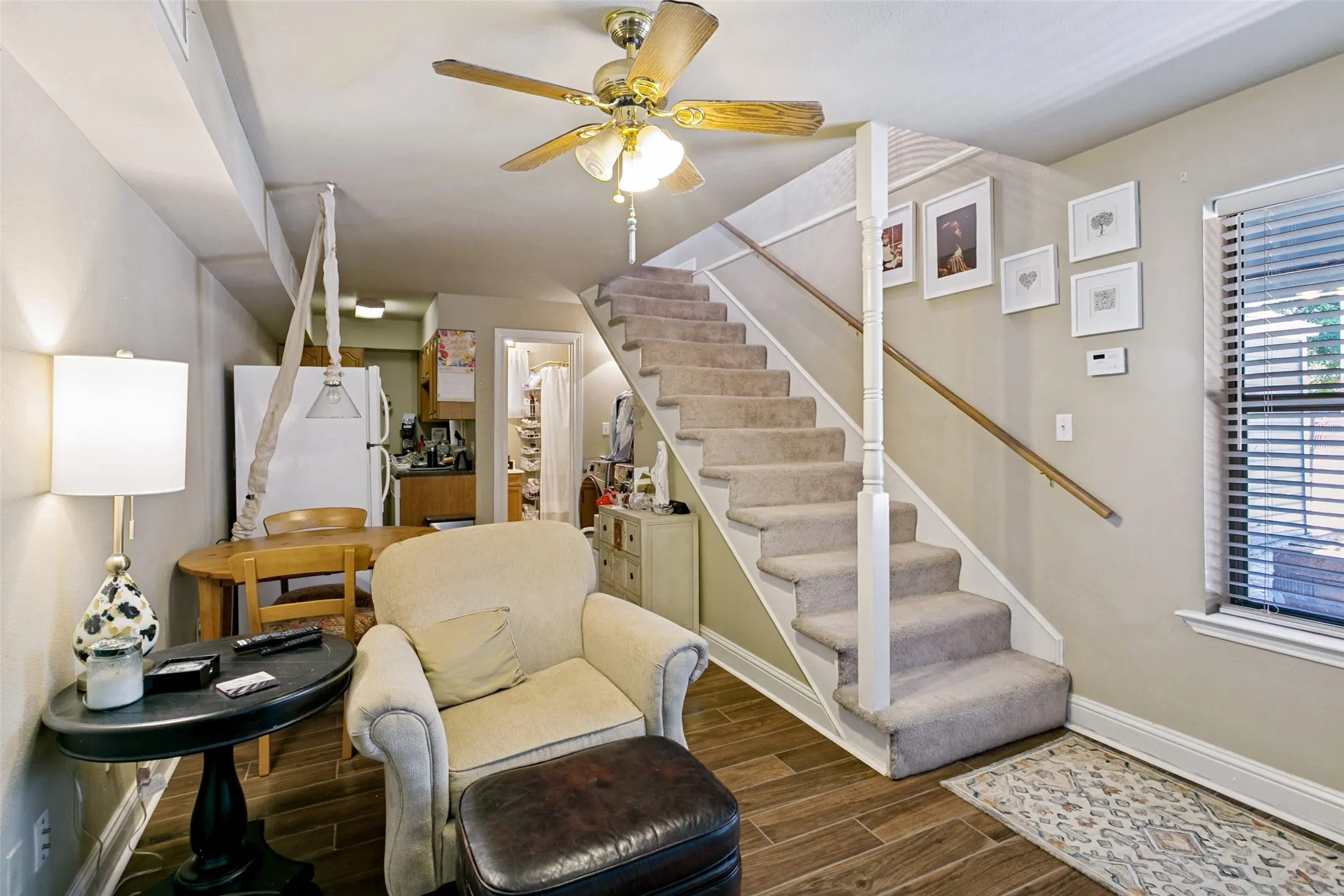 The stairs lead up to the loft and bedroom area.