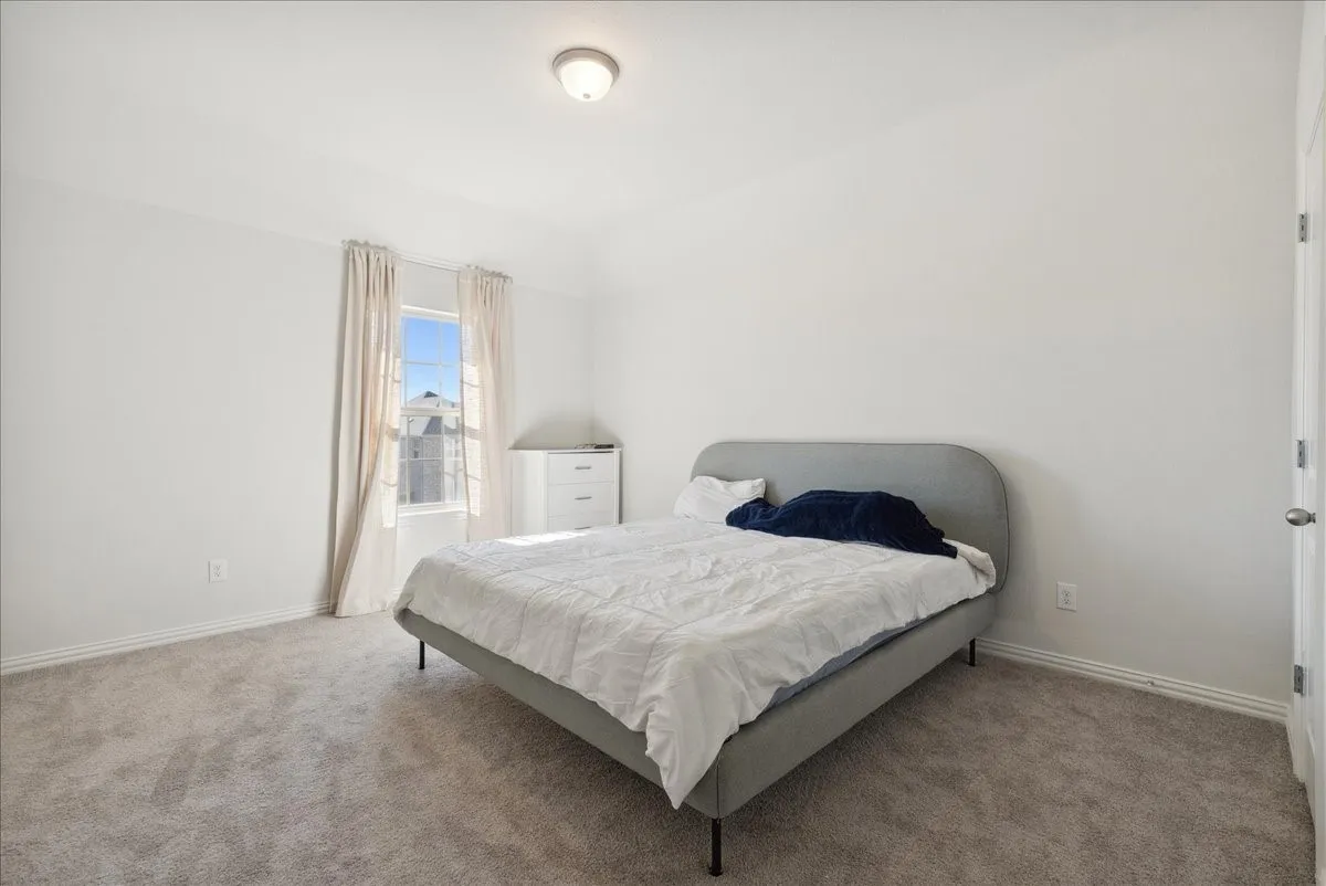 Carpeted room with white walls, a single window, and a flush mount ceiling light