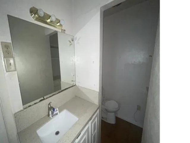 Vanity area featuring a rectangular undermount sink, a light-toned countertop, and a wall-mounted mirror with an overhead light fixture