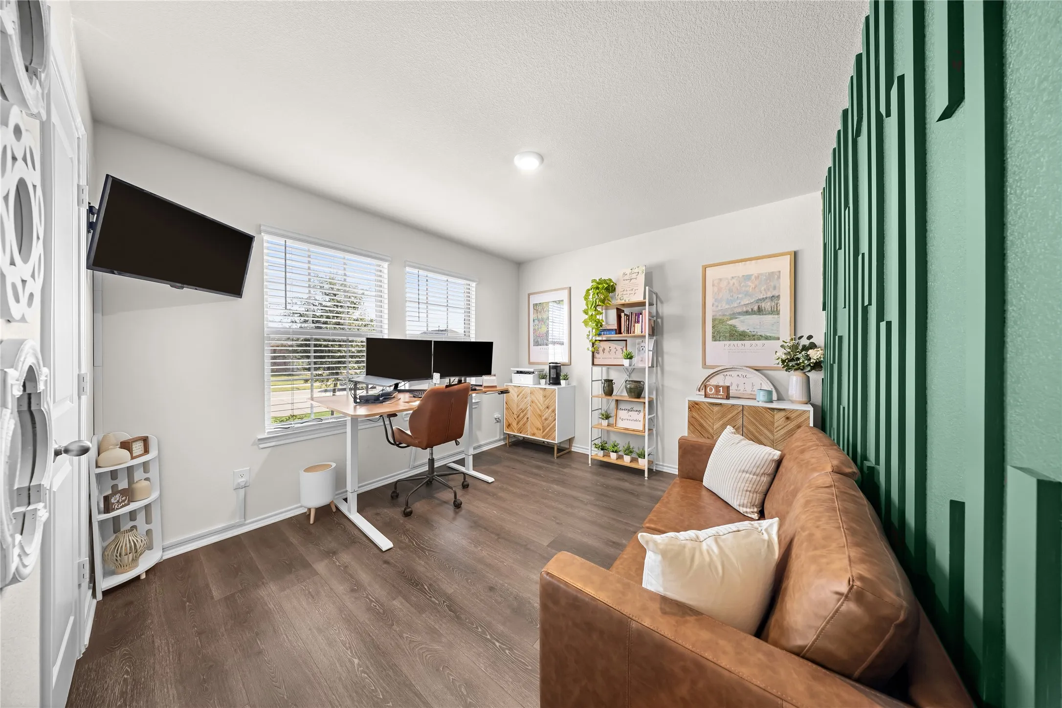 Interior room featuring dark wood-finish flooring, light-toned walls, and a distinctive green accent wall with a geometric pattern