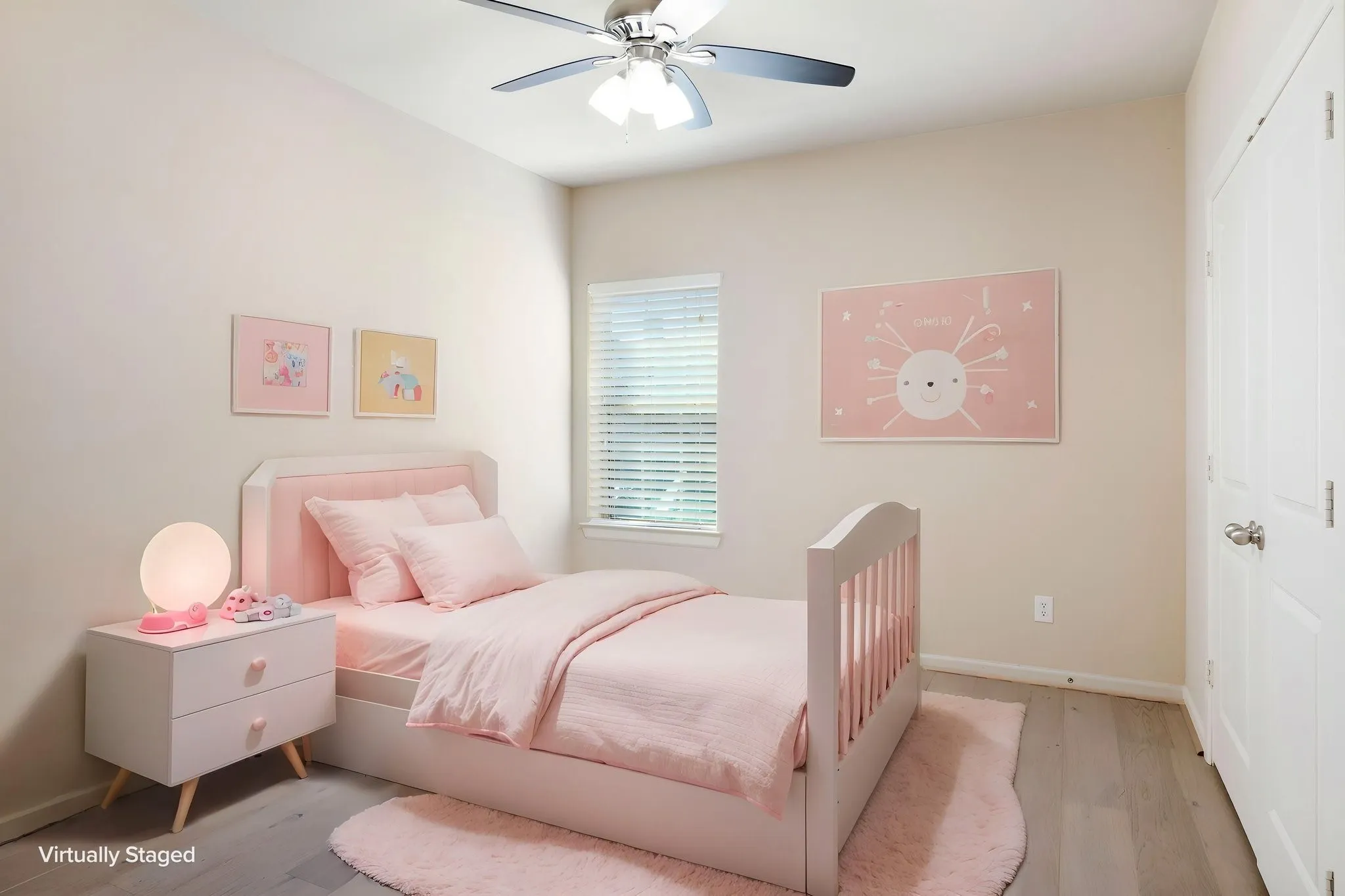 Bedroom featuring neutral wall color, wood-finish flooring, a window with blinds, and a ceiling fan with integrated lighting