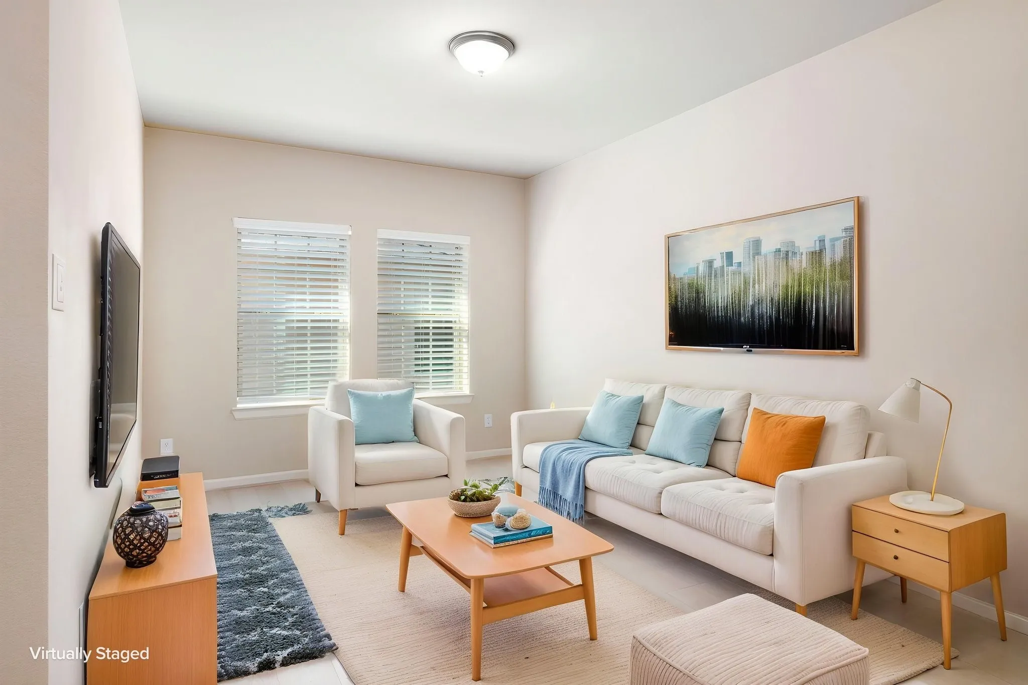 Living space with light-toned walls and wood-finish flooring