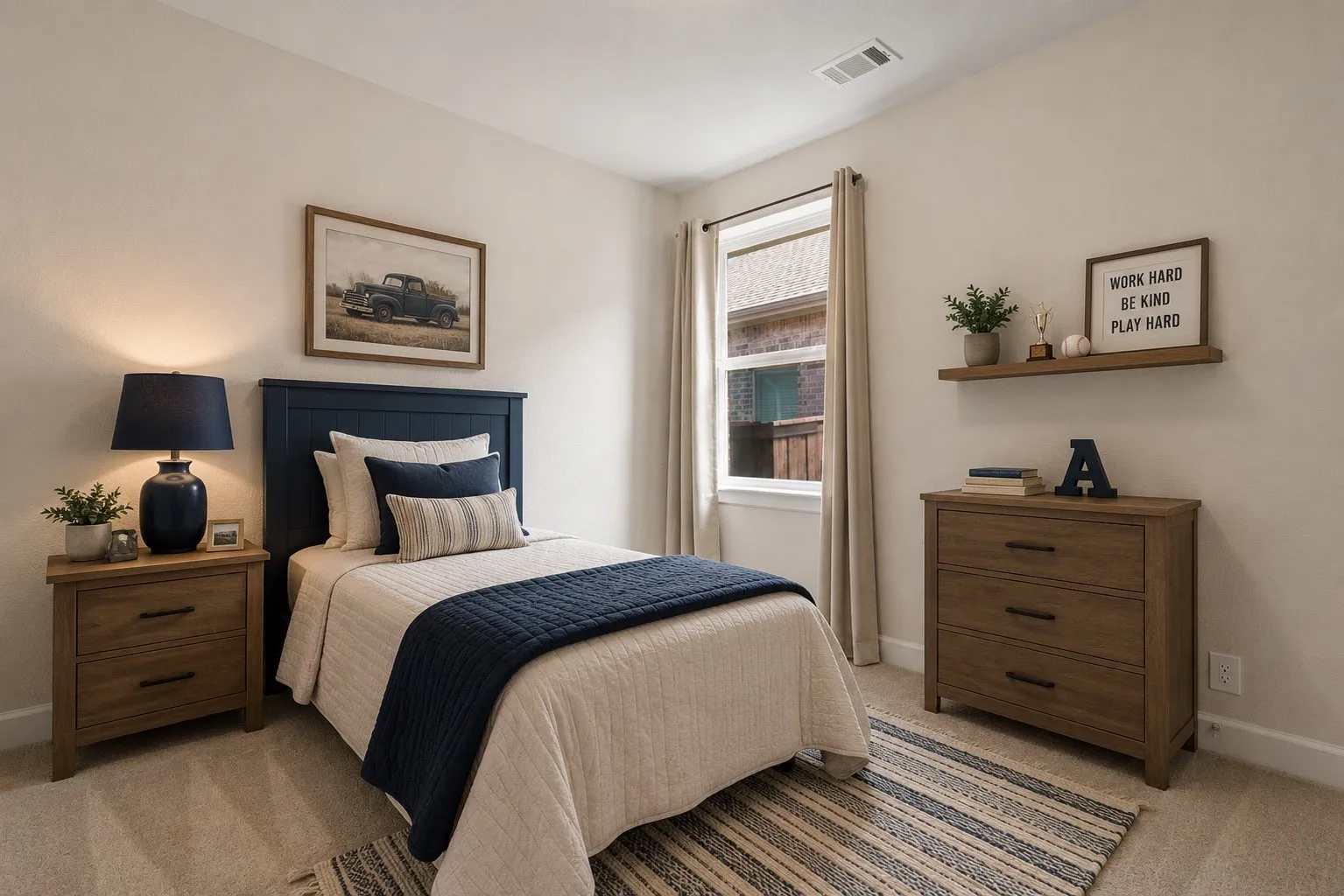 Spacious bedroom featuring light-toned walls, a single window, and carpet flooring ( virtually staged)