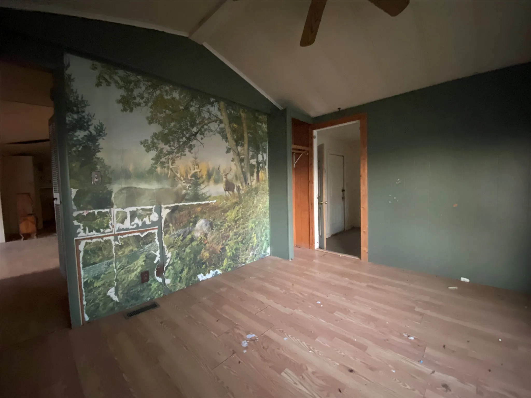 Spare room featuring hardwood / wood-style flooring and lofted ceiling