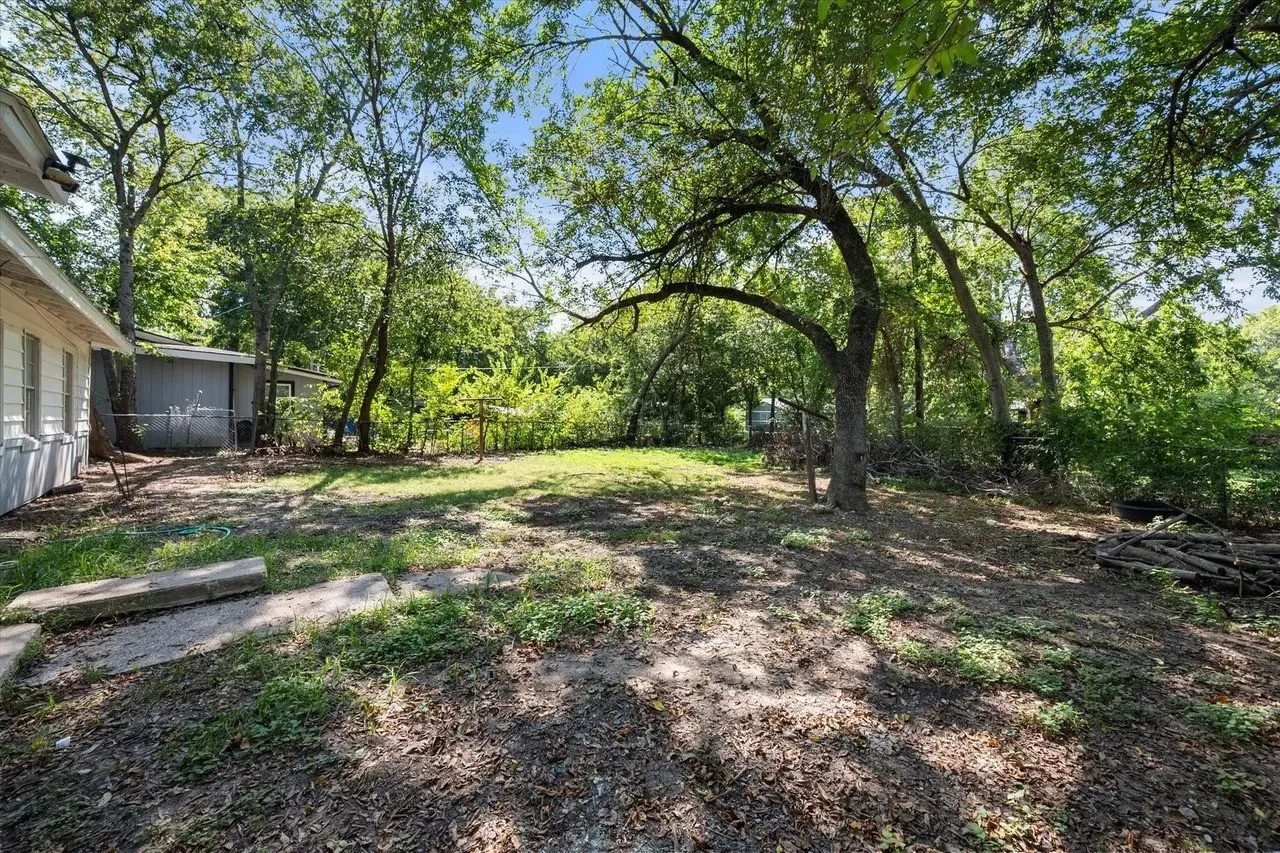 Expansive rear yard featuring mature trees providing natural shade, a partial lawn area, and a wood-sided structure