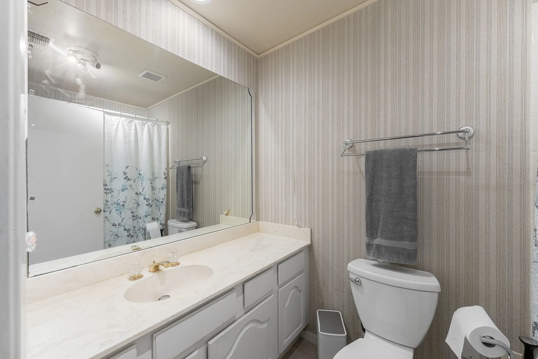 Guest bathroom with shower/tub combo, ample counter space