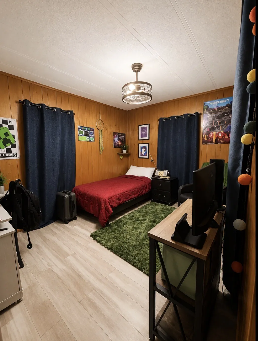 Wood-panel wall finishes and light wood-finish flooring