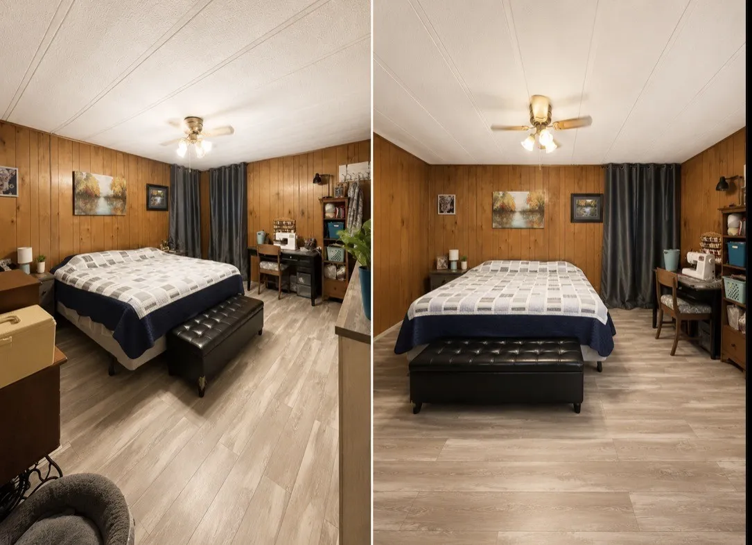 Wood-finish flooring throughout, wood-paneled walls, ceiling fan with integrated lighting, and window with dark drapery