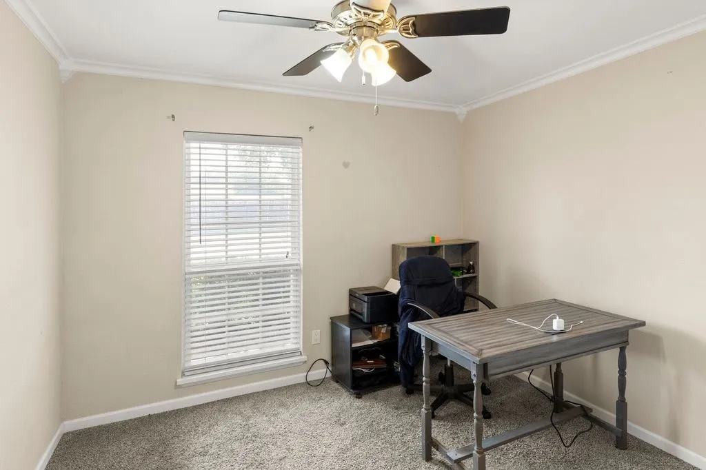 Light-toned interior room featuring a window with horizontal blinds, neutral wall paint, and a textured carpet