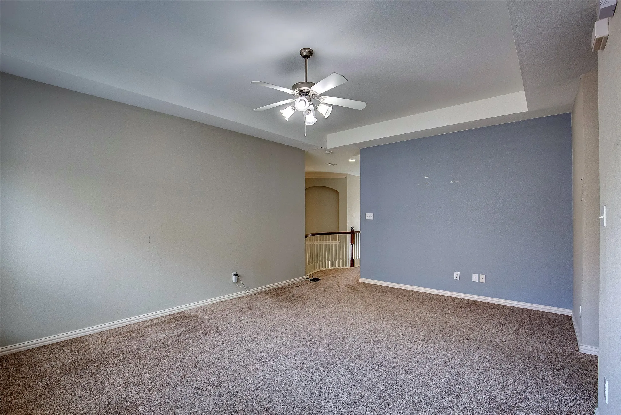 Spare room featuring carpet, ceiling fan, and a raised ceiling