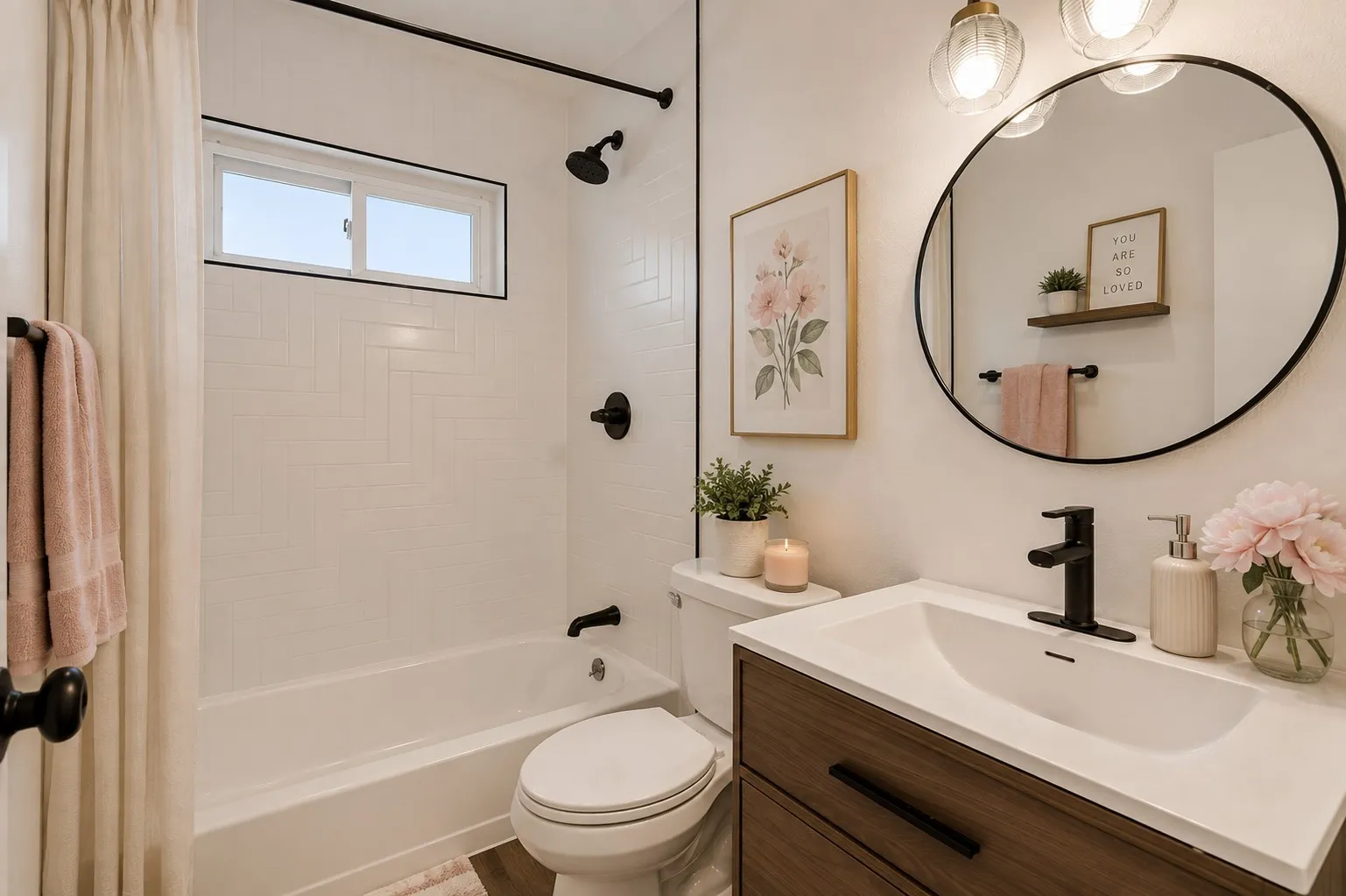 This beautifully updated bathroom combines timeless design with modern sophistication. Crisp white herringbone tile, matte black fixtures, and warm wood vanity create a refine contrast that feels both elegant and inviting